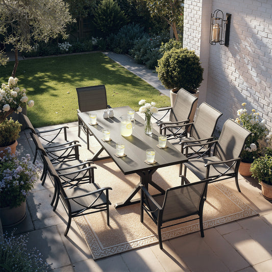 Gotland 9 Piece Outdoor Dining Set, Metal Outdoor table with Spider Legs, Patio Furniture Set with 6 Single Chair and 2 Teslin Swivel Chairs, Patio Dining Sets for Backyard Deck Brown