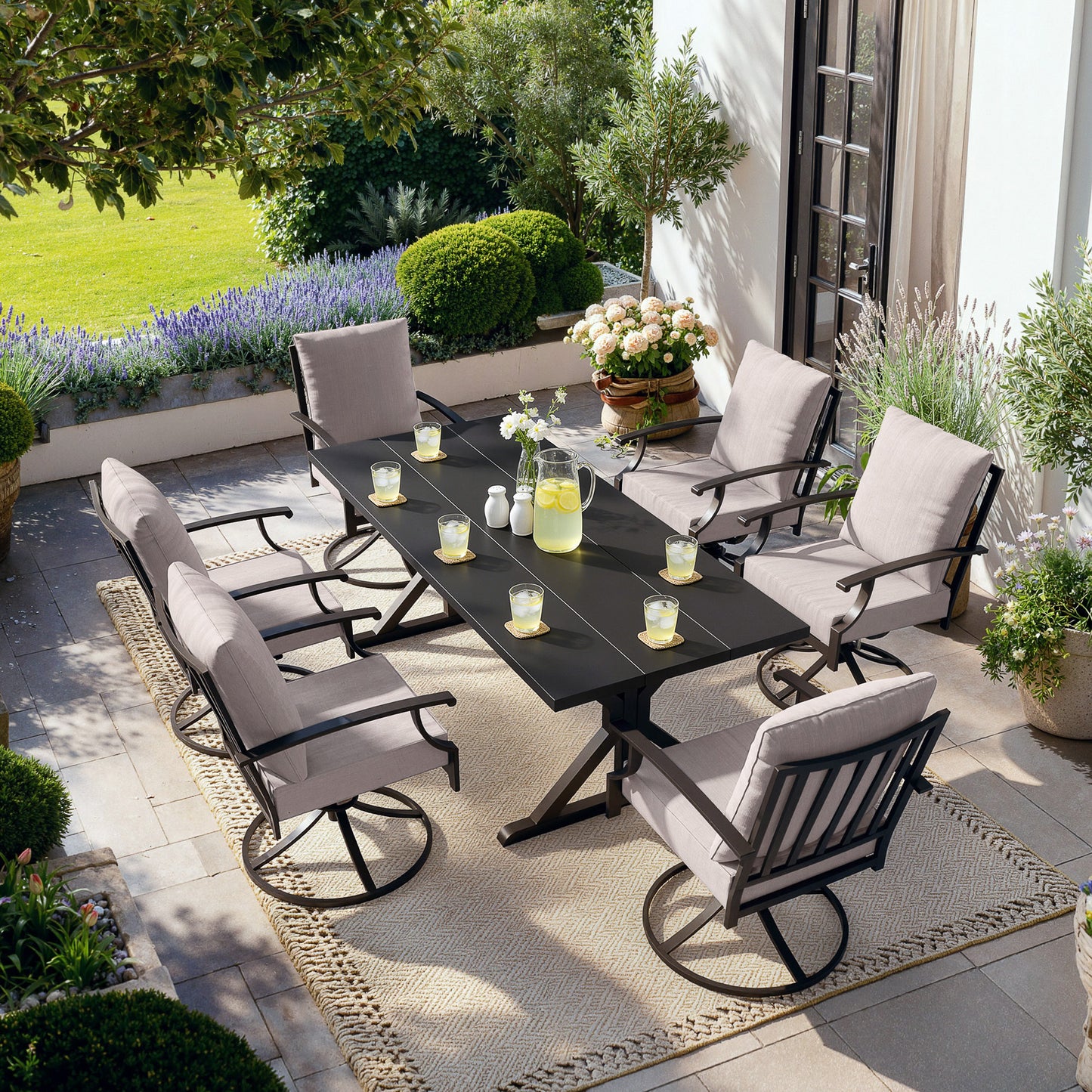ALAULM 7PCS Patio Dining Set,Outdoor Metal Patio Furniture Set w/6 Swivel Rocking Chairs & Large Metal Table w/Umbrella Cutout for Garden,Backyard