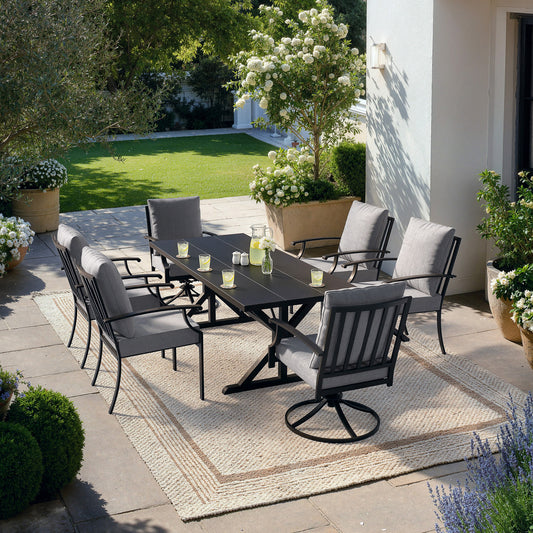 ALAULM 7 Pieces Patio Dining Set Outdoor Furniture with 2 Swivel Chairs and 4 Fixed Chairs, Large Table with Umbrella Cutout for Backyard