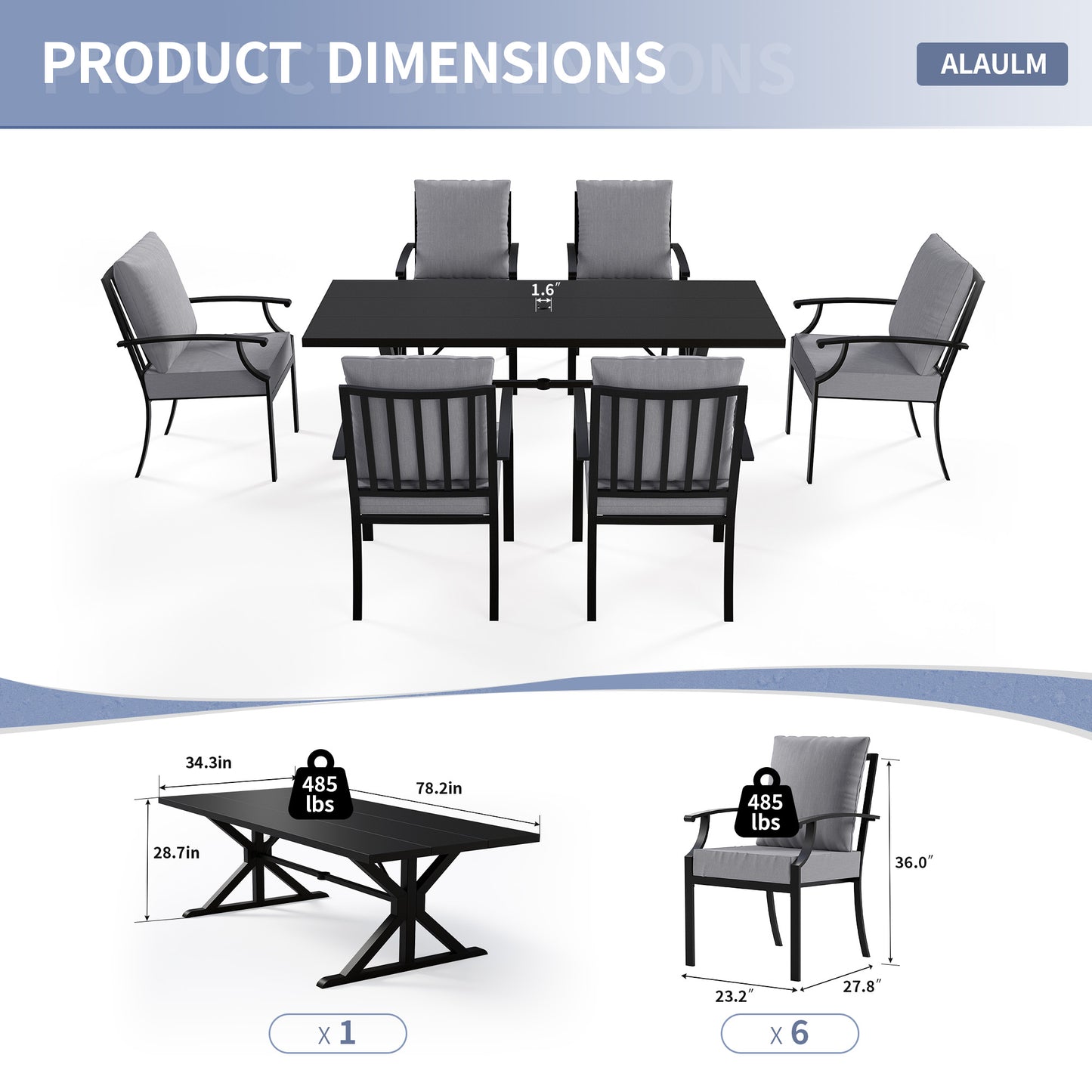 ALAULM 7PCS Patio Dining Set,Outdoor Metal Patio Furniture Set w/6 Fixed Chairs & Large Metal Table w/Umbrella Cutout for Garden,Backyard