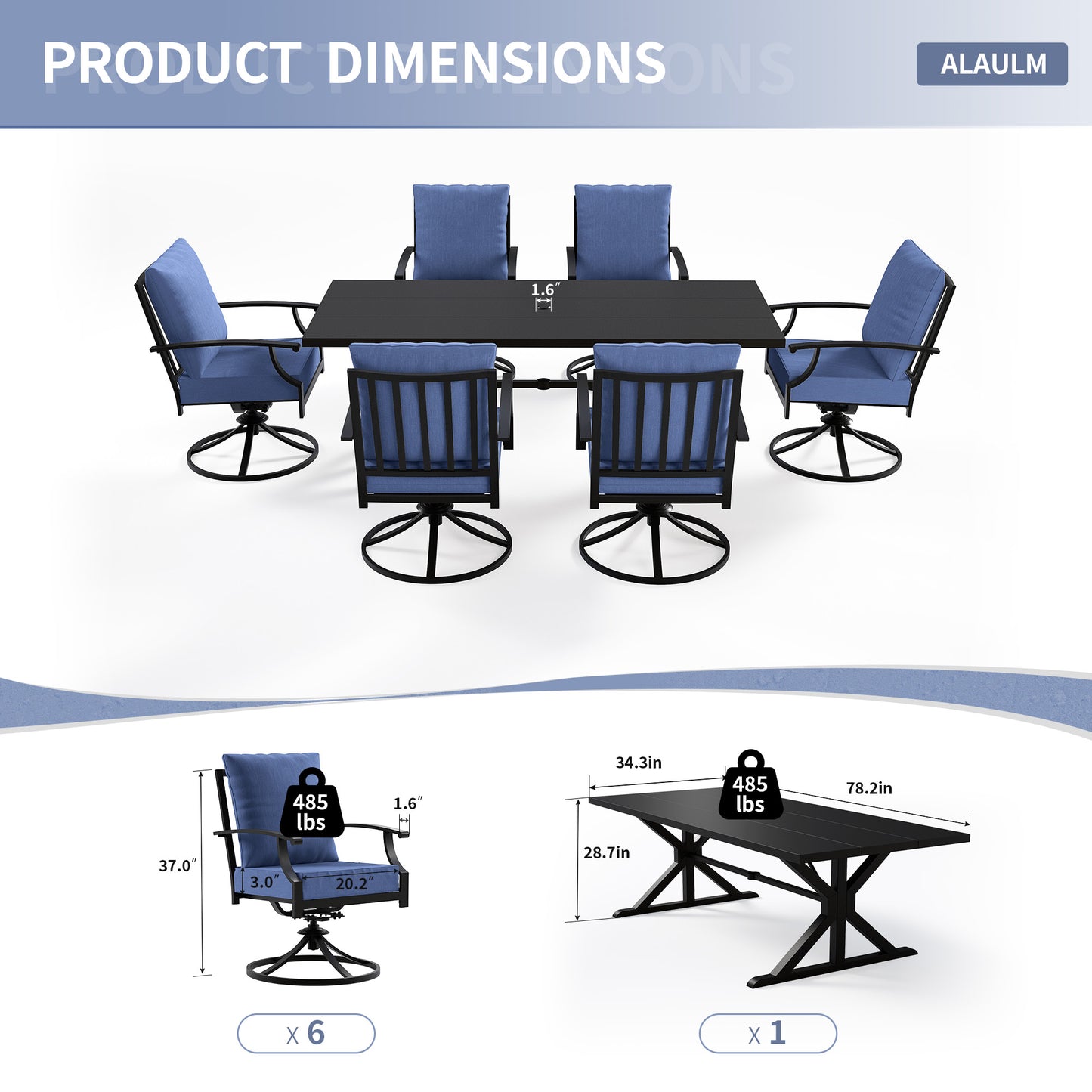 ALAULM 7PCS Patio Dining Set,Outdoor Metal Patio Furniture Set w/6 Swivel Rocking Chairs & Large Metal Table w/Umbrella Cutout for Garden,Backyard