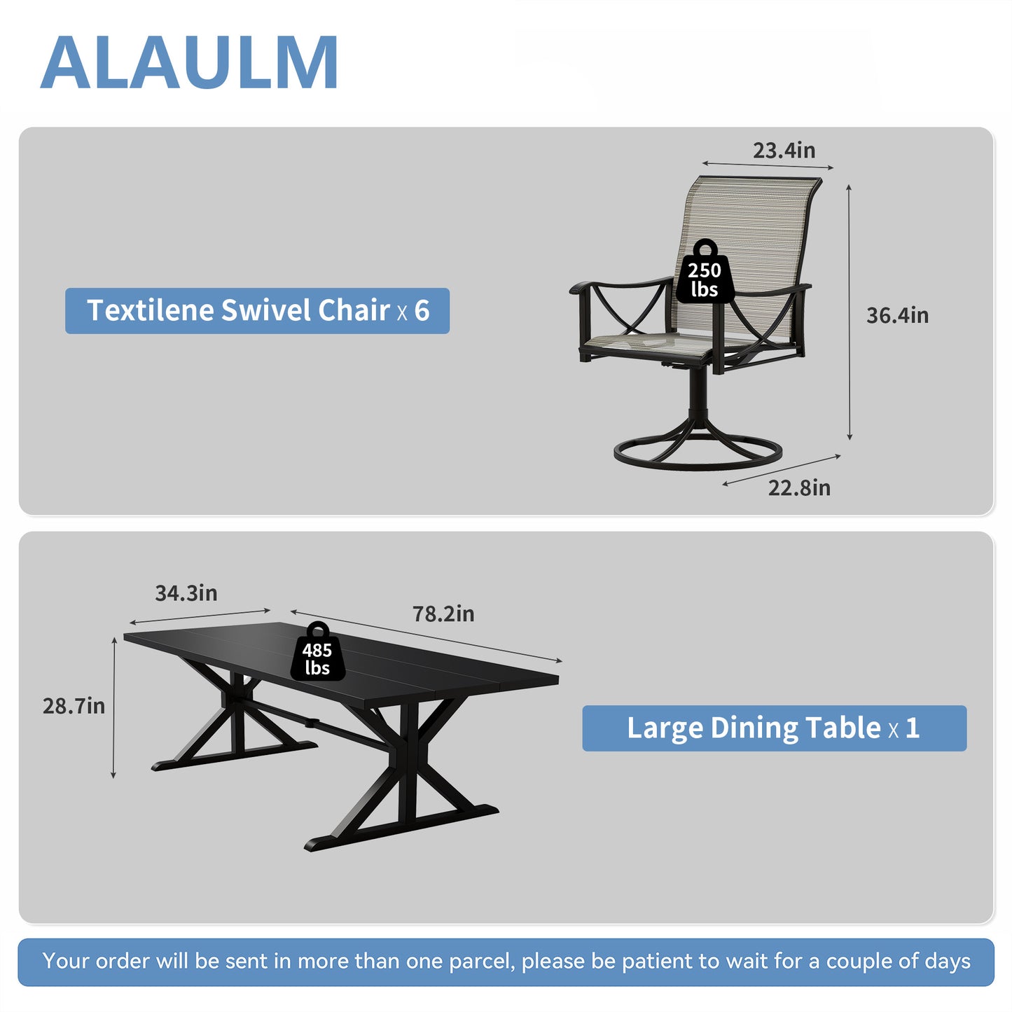 Gotland 7 Piece Outdoor Dining Set, Metal Outdoor table with Spider Legs, Patio Furniture Set with 4 Single Chair and 2 Teslin Swivel Chairs, Patio Dining Sets for Backyard Deck Brown