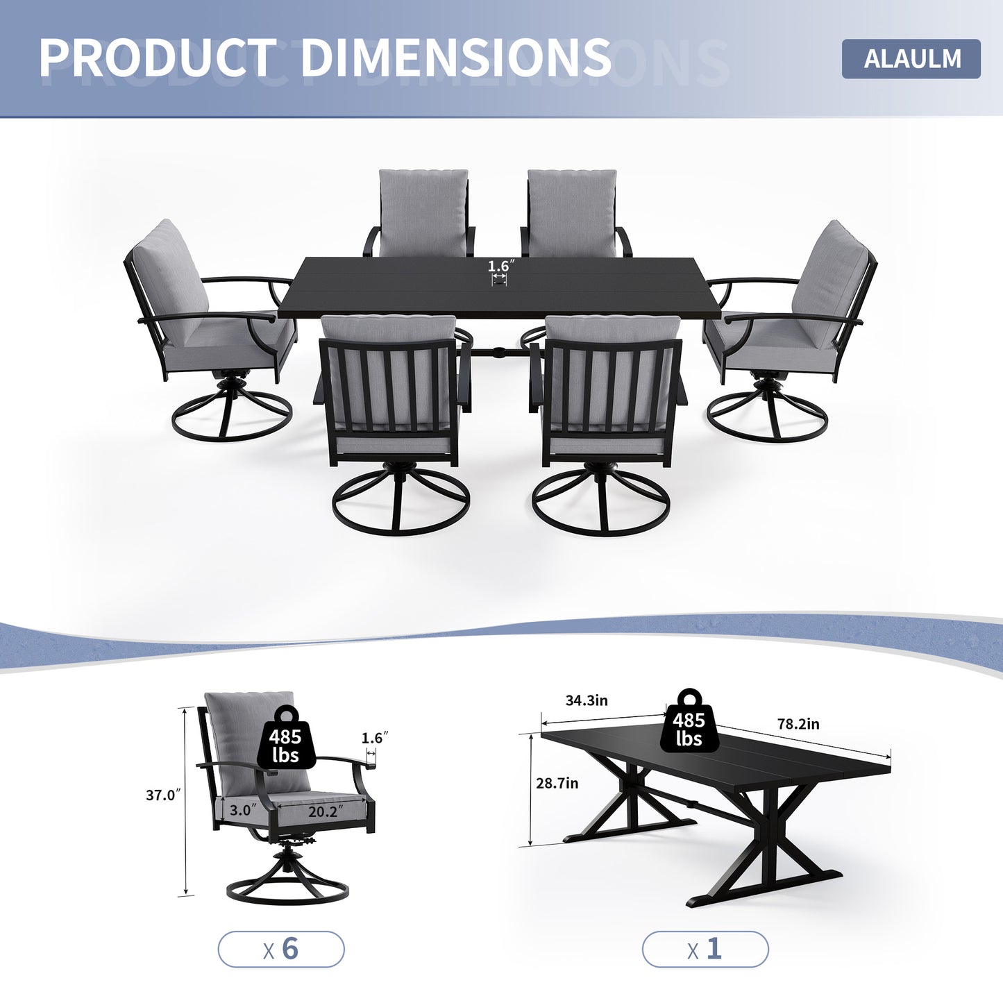 ALAULM 7PCS Patio Dining Set,Outdoor Metal Patio Furniture Set w/6 Swivel Rocking Chairs & Large Metal Table w/Umbrella Cutout for Garden,Backyard