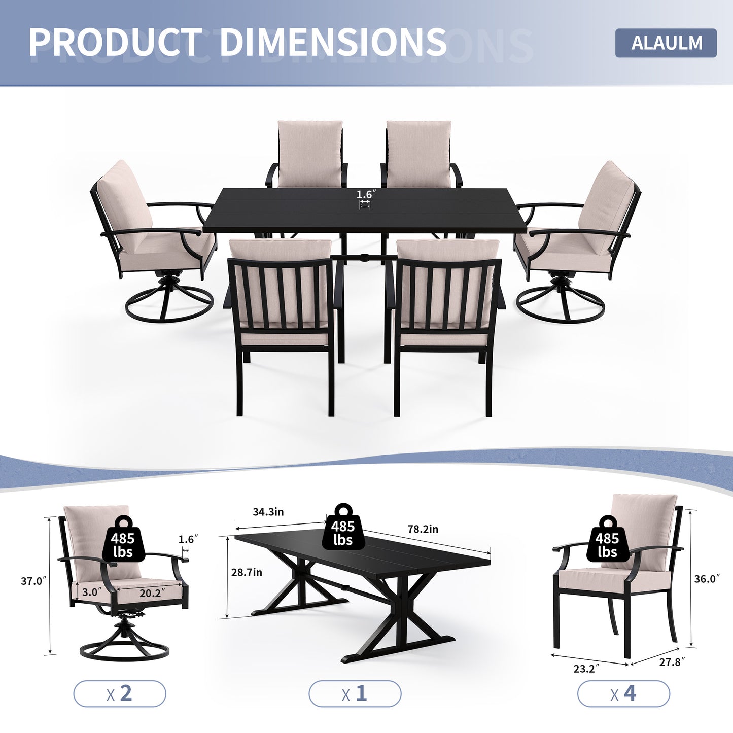 ALAULM 7 Pieces Patio Dining Set Outdoor Furniture with 2 Swivel Chairs and 4 Fixed Chairs, Large Table with Umbrella Cutout for Backyard