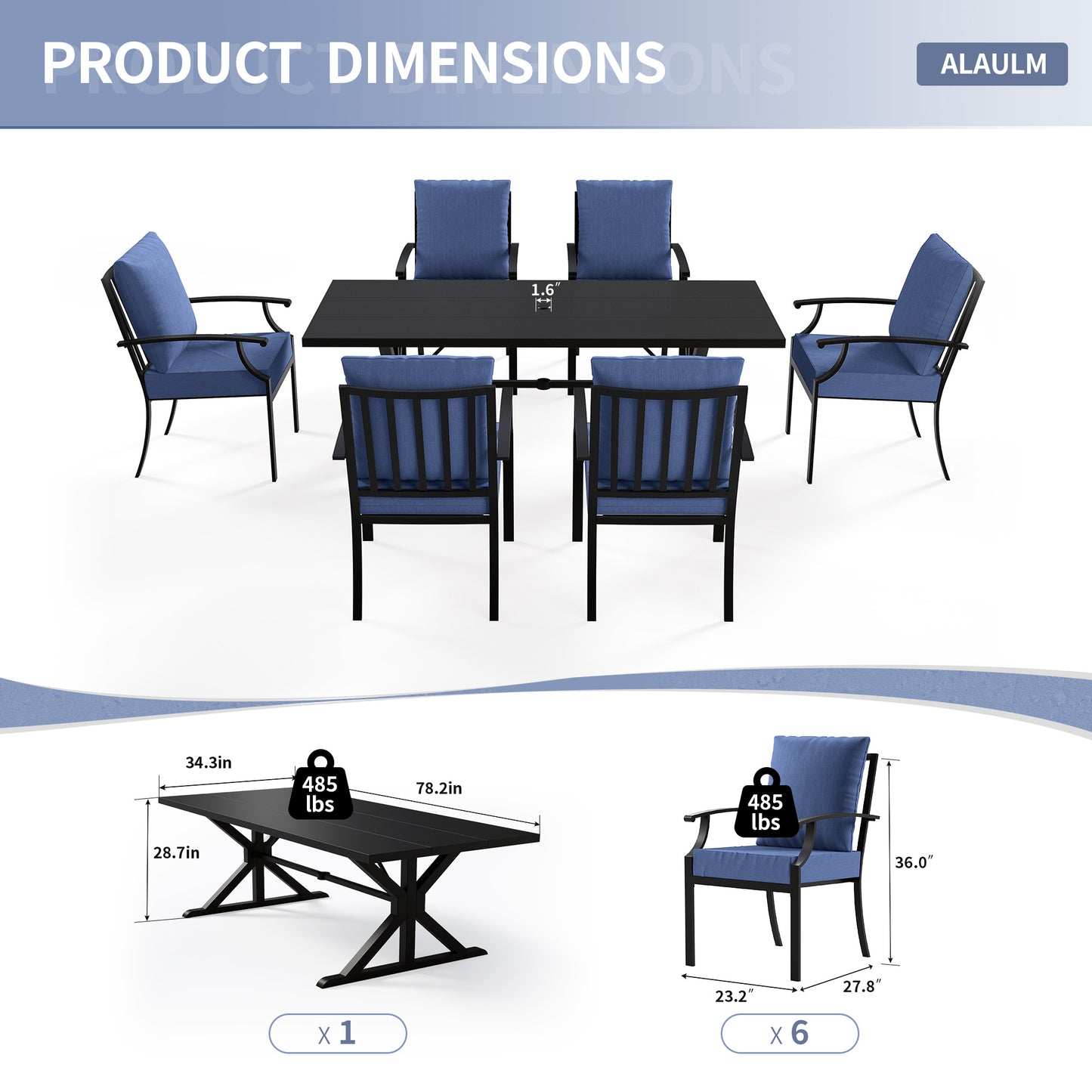 ALAULM 7PCS Patio Dining Set,Outdoor Metal Patio Furniture Set w/6 Fixed Chairs & Large Metal Table w/Umbrella Cutout for Garden,Backyard