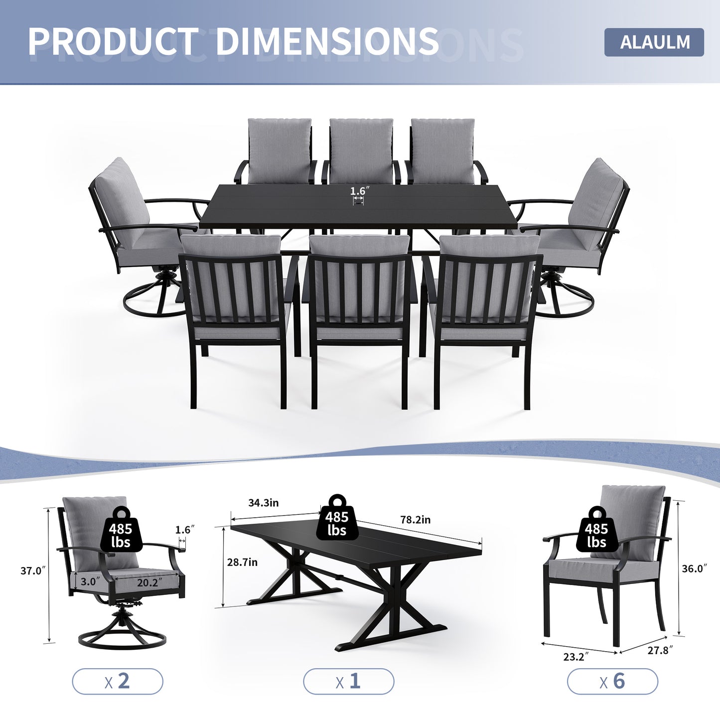 ALAULM 9 Pieces Patio Dining Set Outdoor Furniture with 2 Swivel Chairs and 6 Fixed Chairs, Large Table with Umbrella Cutout for Backyard