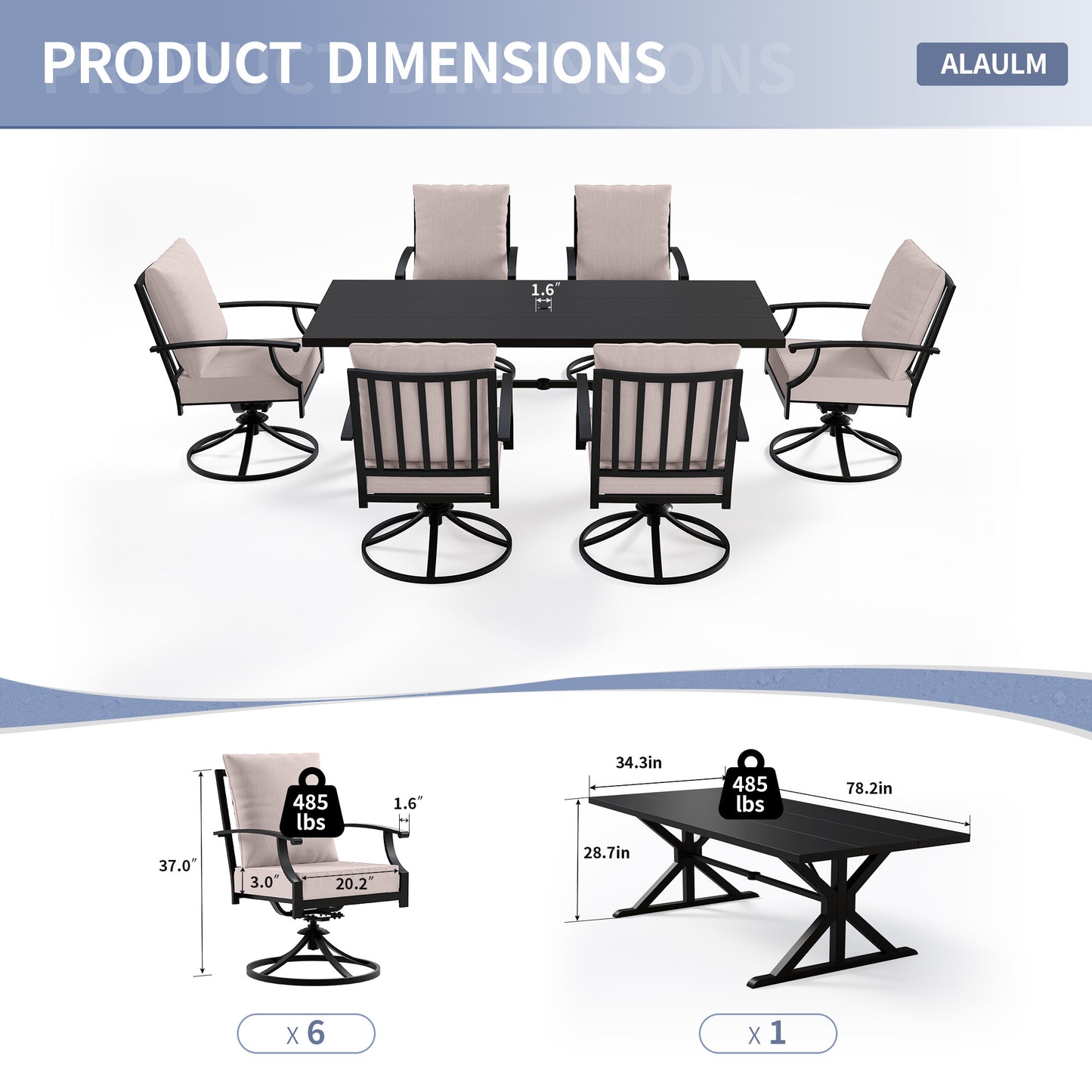 ALAULM 7PCS Patio Dining Set,Outdoor Metal Patio Furniture Set w/6 Swivel Rocking Chairs & Large Metal Table w/Umbrella Cutout for Garden,Backyard