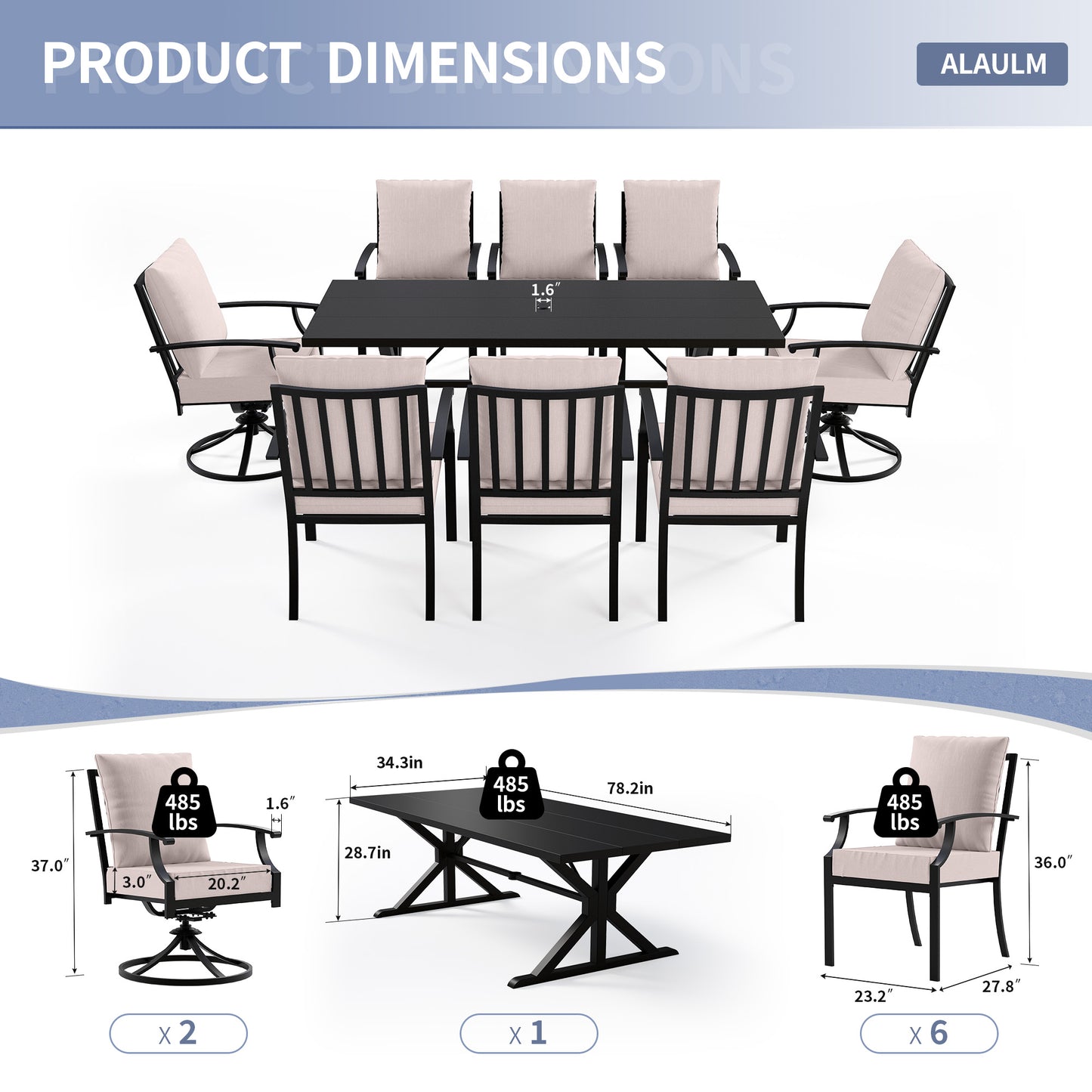ALAULM 9 Pieces Patio Dining Set Outdoor Furniture with 2 Swivel Chairs and 6 Fixed Chairs, Large Table with Umbrella Cutout for Backyard