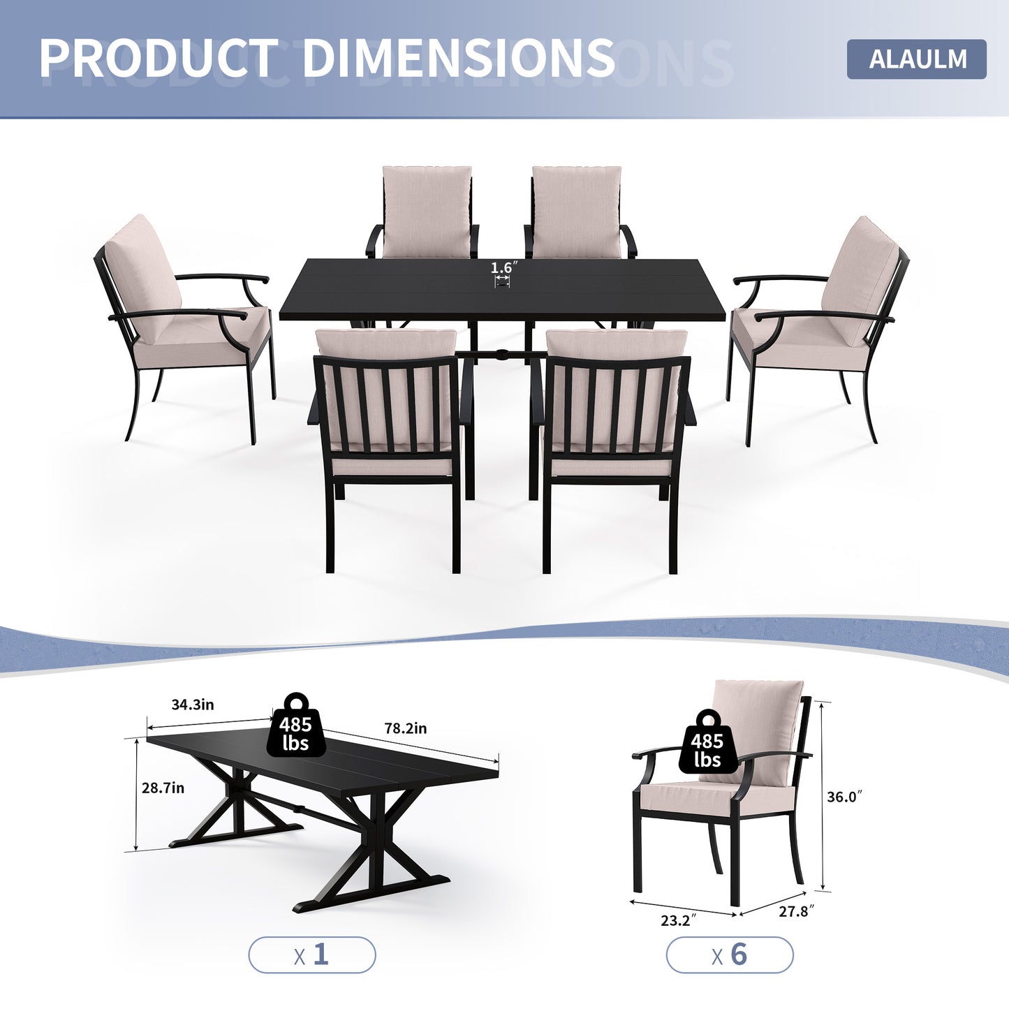 ALAULM 7PCS Patio Dining Set,Outdoor Metal Patio Furniture Set w/6 Fixed Chairs & Large Metal Table w/Umbrella Cutout for Garden,Backyard