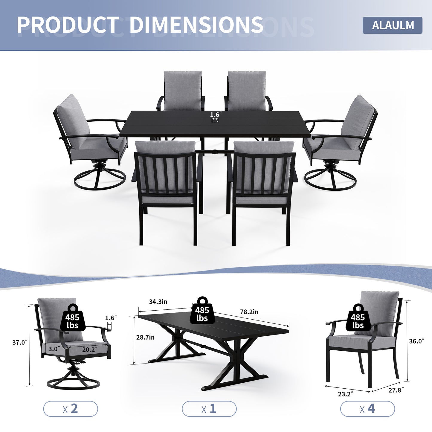 ALAULM 7 Pieces Patio Dining Set Outdoor Furniture with 2 Swivel Chairs and 4 Fixed Chairs, Large Table with Umbrella Cutout for Backyard