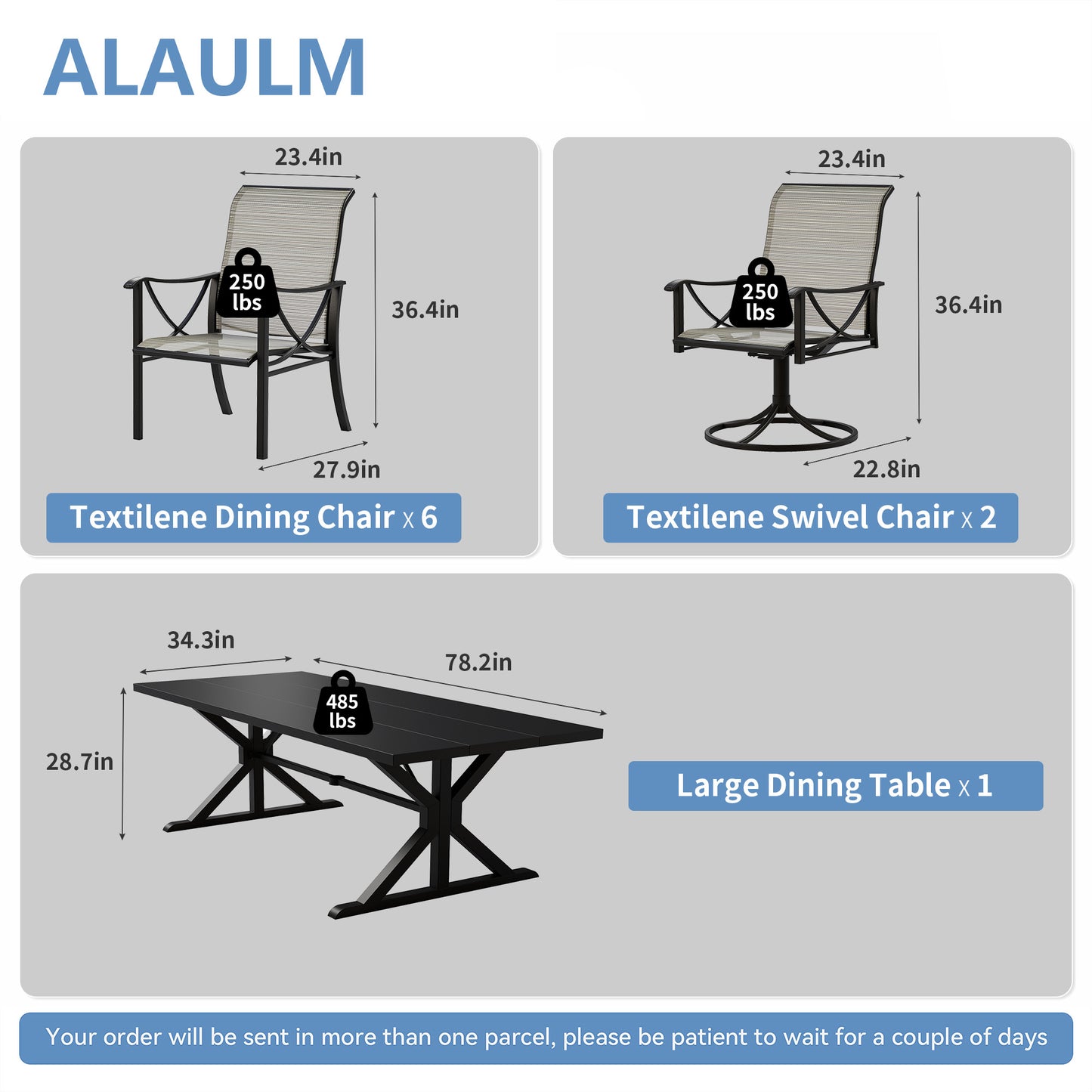 Gotland 9 Piece Outdoor Dining Set, Metal Outdoor table with Spider Legs, Patio Furniture Set with 6 Single Chair and 2 Teslin Swivel Chairs, Patio Dining Sets for Backyard Deck Brown