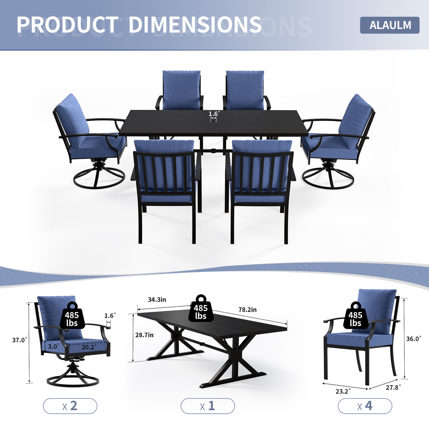 ALAULM 7 Pieces Patio Dining Set Outdoor Furniture with 2 Swivel Chairs and 4 Fixed Chairs, Large Table with Umbrella Cutout for Backyard