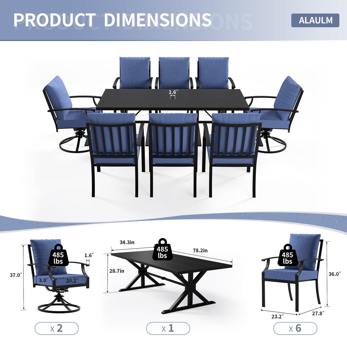 ALAULM 9 Pieces Patio Dining Set Outdoor Furniture with 2 Swivel Chairs and 6 Fixed Chairs, Large Table with Umbrella Cutout for Backyard