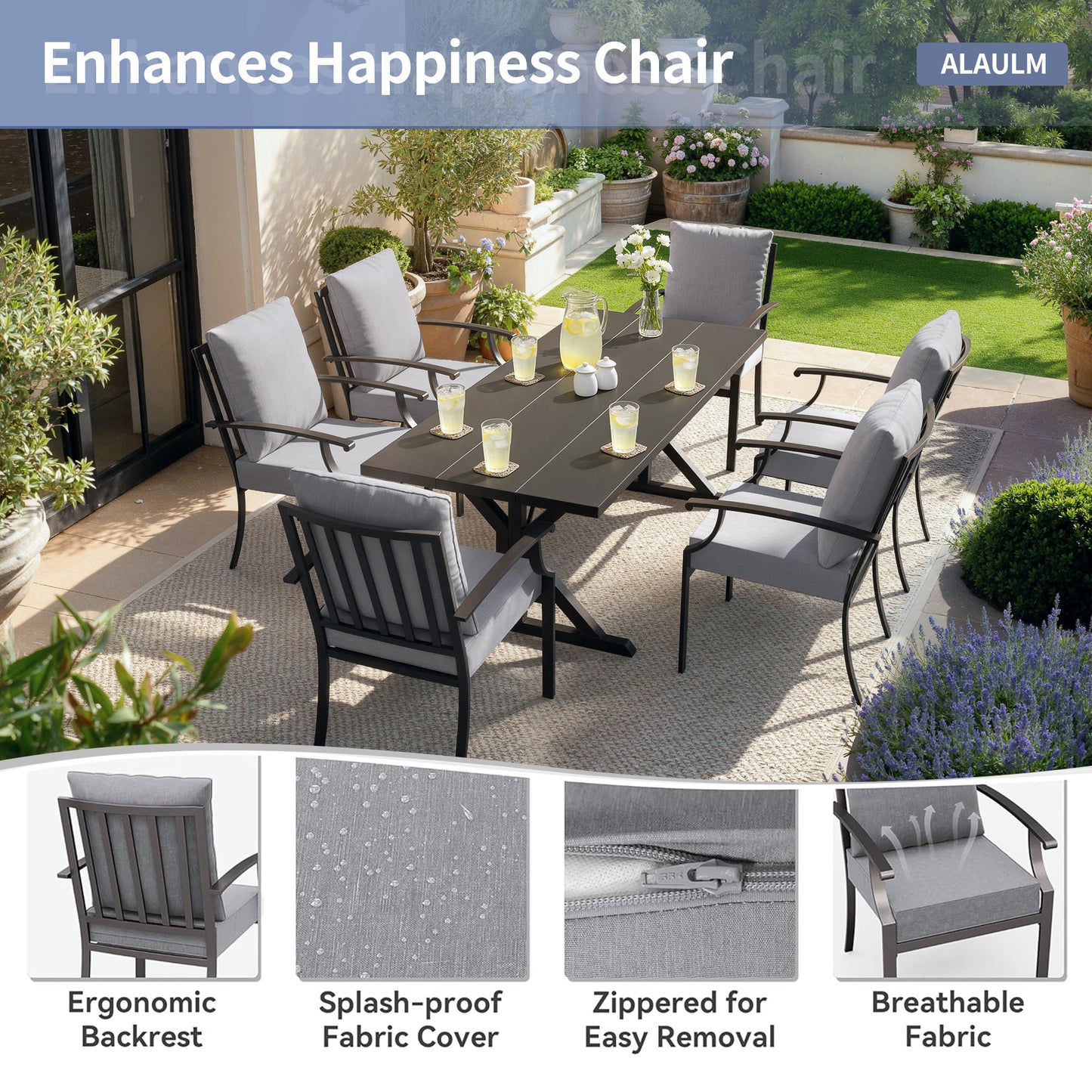 ALAULM 7PCS Patio Dining Set,Outdoor Metal Patio Furniture Set w/6 Fixed Chairs & Large Metal Table w/Umbrella Cutout for Garden,Backyard