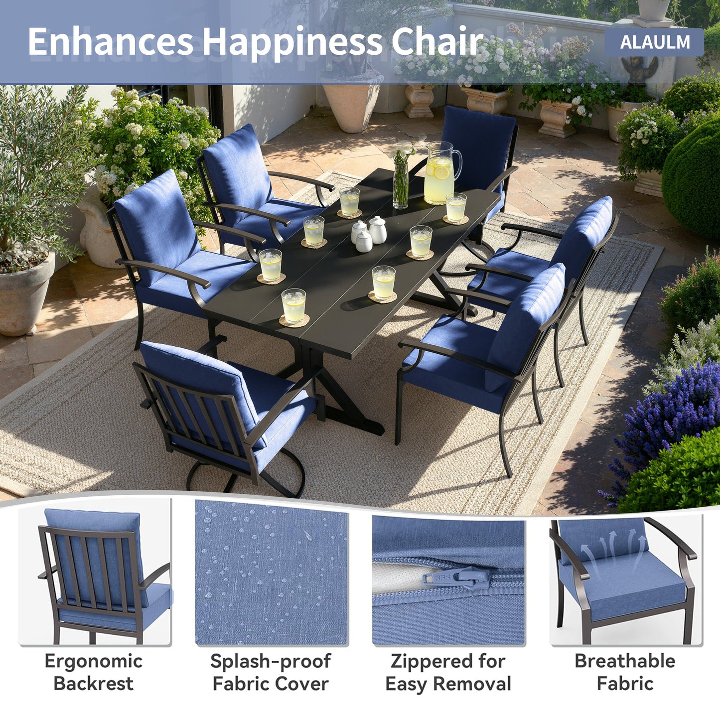 ALAULM 7 Pieces Patio Dining Set Outdoor Furniture with 2 Swivel Chairs and 4 Fixed Chairs, Large Table with Umbrella Cutout for Backyard