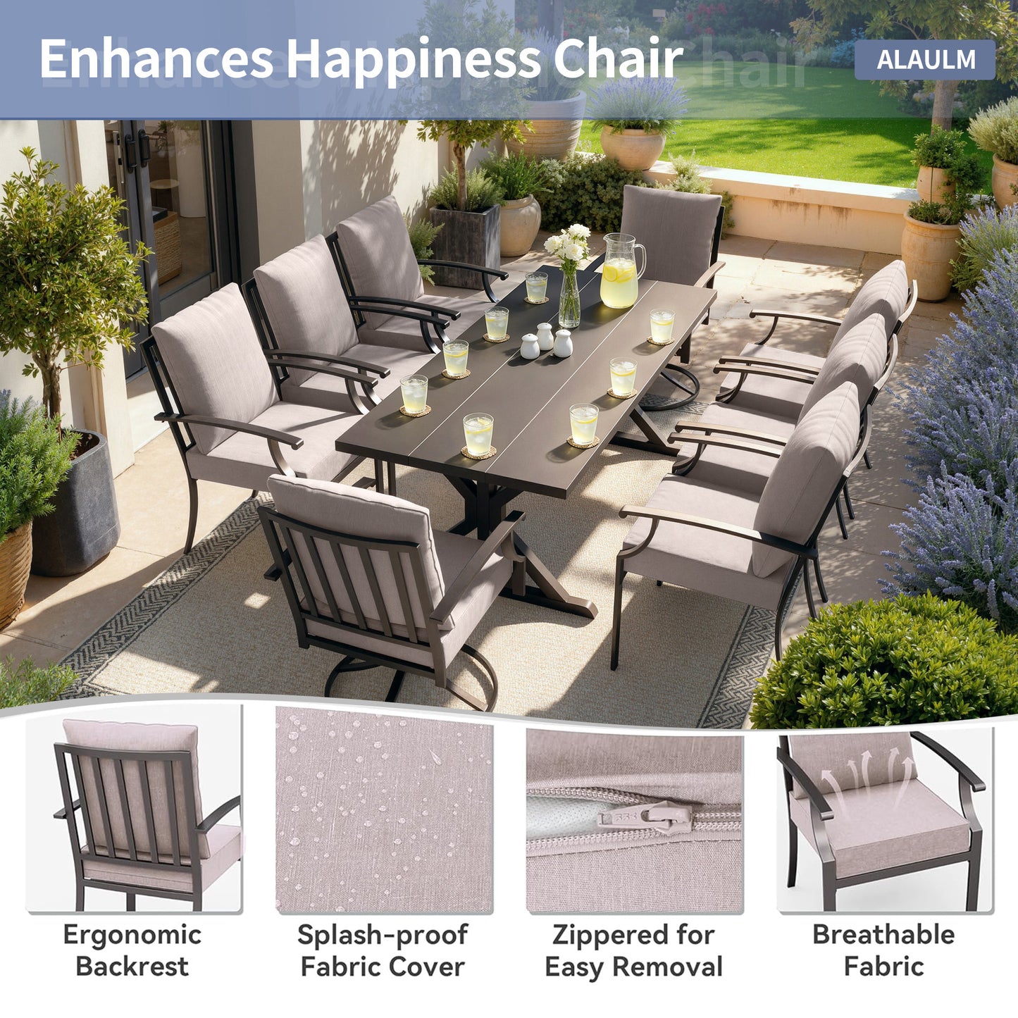 ALAULM 9 Pieces Patio Dining Set Outdoor Furniture with 2 Swivel Chairs and 6 Fixed Chairs, Large Table with Umbrella Cutout for Backyard