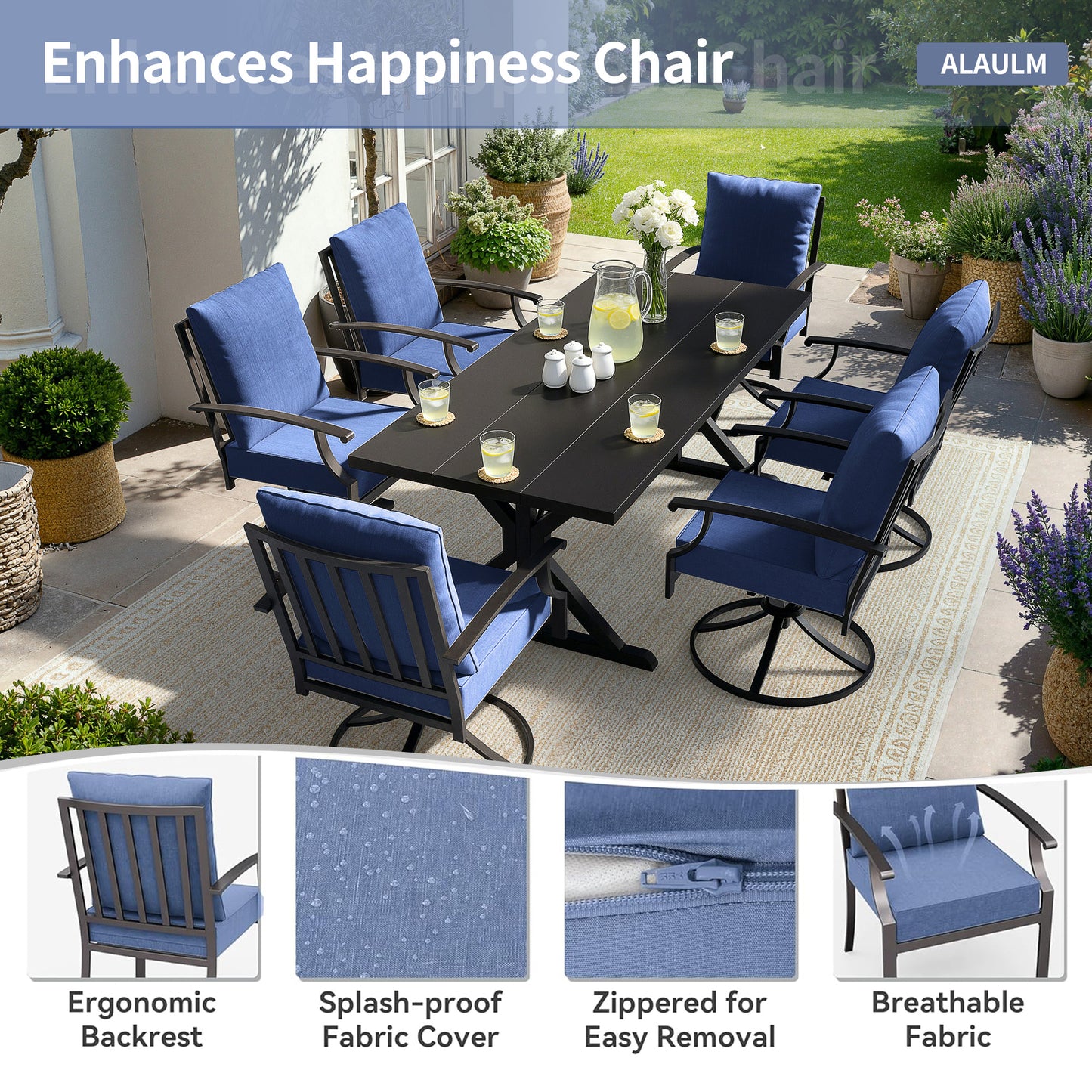 ALAULM 7PCS Patio Dining Set,Outdoor Metal Patio Furniture Set w/6 Swivel Rocking Chairs & Large Metal Table w/Umbrella Cutout for Garden,Backyard
