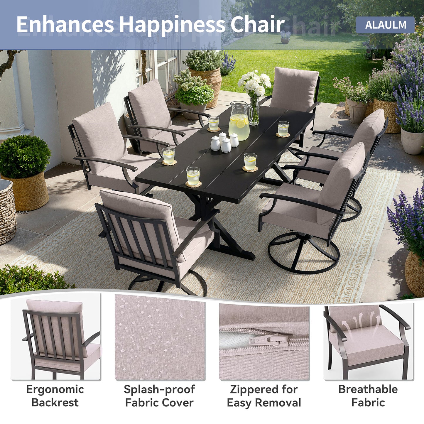 ALAULM 7PCS Patio Dining Set,Outdoor Metal Patio Furniture Set w/6 Swivel Rocking Chairs & Large Metal Table w/Umbrella Cutout for Garden,Backyard