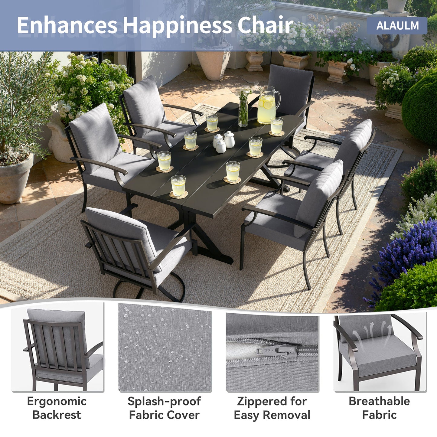 ALAULM 7 Pieces Patio Dining Set Outdoor Furniture with 2 Swivel Chairs and 4 Fixed Chairs, Large Table with Umbrella Cutout for Backyard