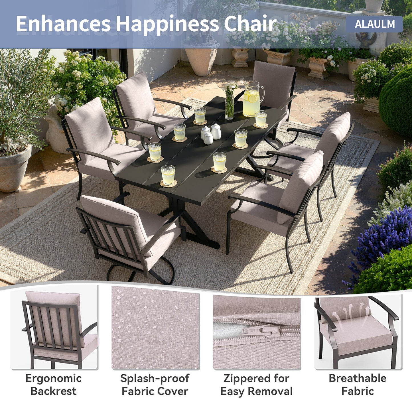 ALAULM 7 Pieces Patio Dining Set Outdoor Furniture with 2 Swivel Chairs and 4 Fixed Chairs, Large Table with Umbrella Cutout for Backyard