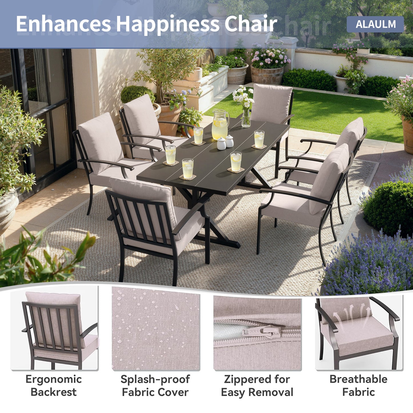 ALAULM 7PCS Patio Dining Set,Outdoor Metal Patio Furniture Set w/6 Fixed Chairs & Large Metal Table w/Umbrella Cutout for Garden,Backyard