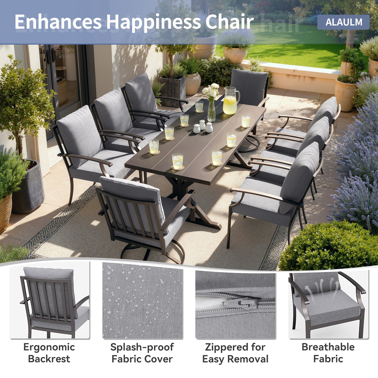 ALAULM 9 Pieces Patio Dining Set Outdoor Furniture with 2 Swivel Chairs and 6 Fixed Chairs, Large Table with Umbrella Cutout for Backyard