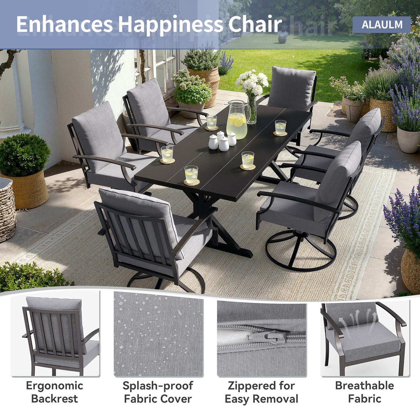 ALAULM 7PCS Patio Dining Set,Outdoor Metal Patio Furniture Set w/6 Swivel Rocking Chairs & Large Metal Table w/Umbrella Cutout for Garden,Backyard