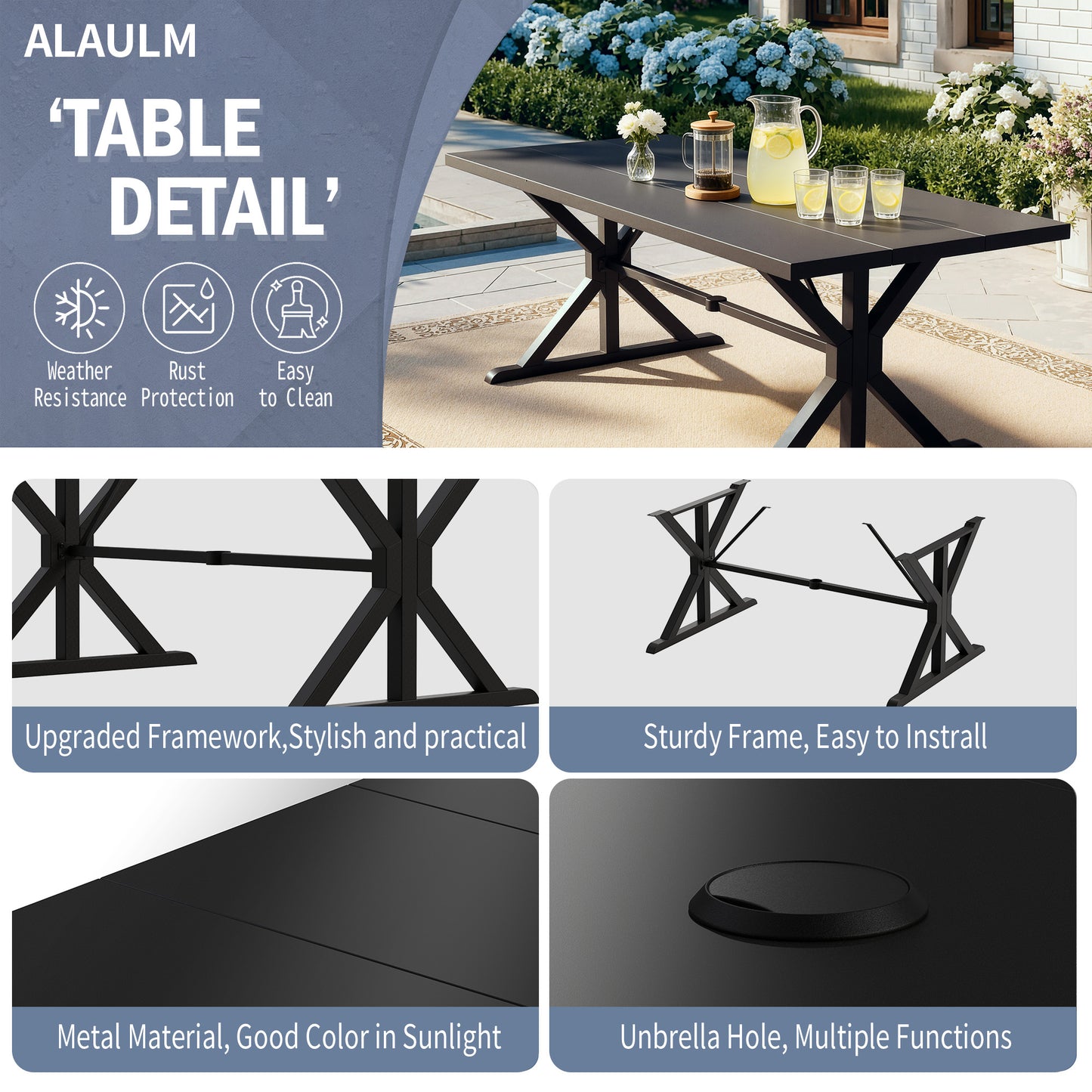 ALAULM 7PCS Patio Dining Set,Outdoor Metal Patio Furniture Set w/6 Fixed Chairs & Large Metal Table w/Umbrella Cutout for Garden,Backyard