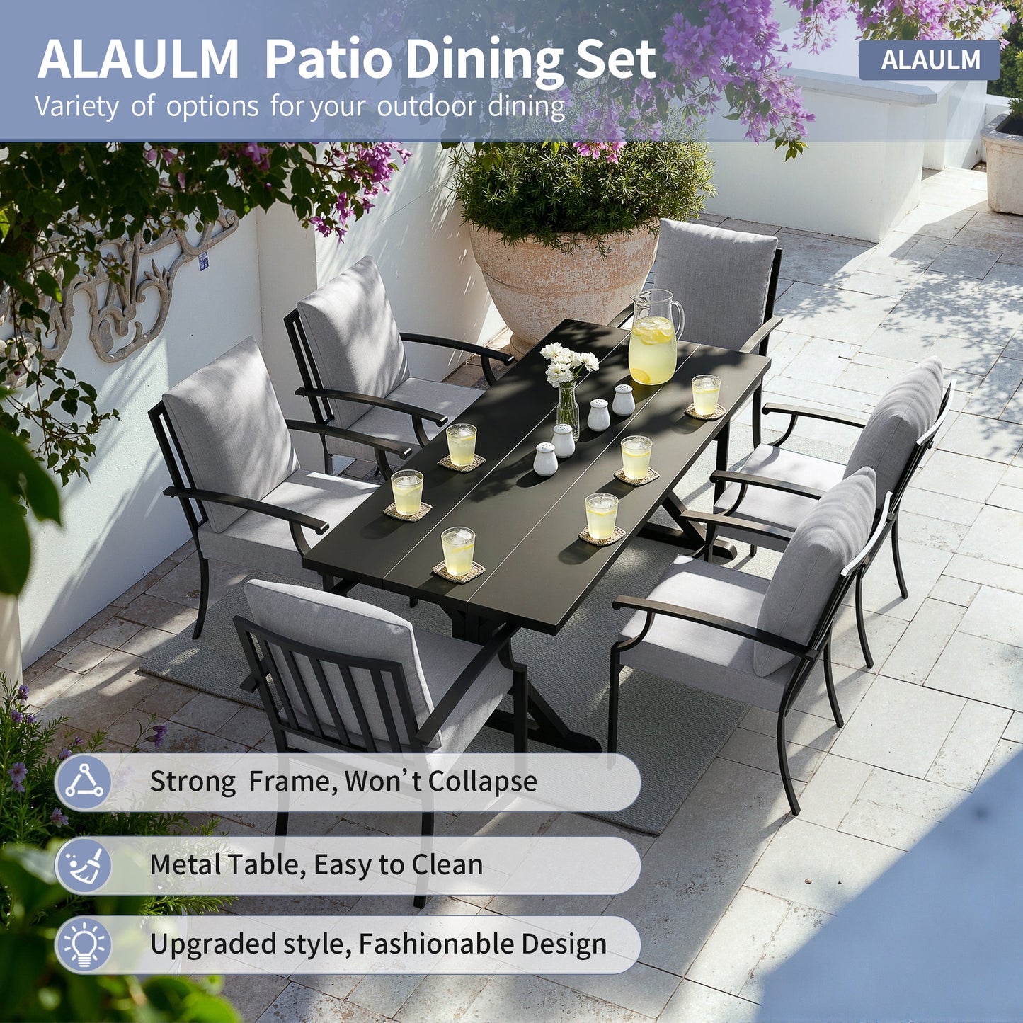 ALAULM 7PCS Patio Dining Set,Outdoor Metal Patio Furniture Set w/6 Fixed Chairs & Large Metal Table w/Umbrella Cutout for Garden,Backyard