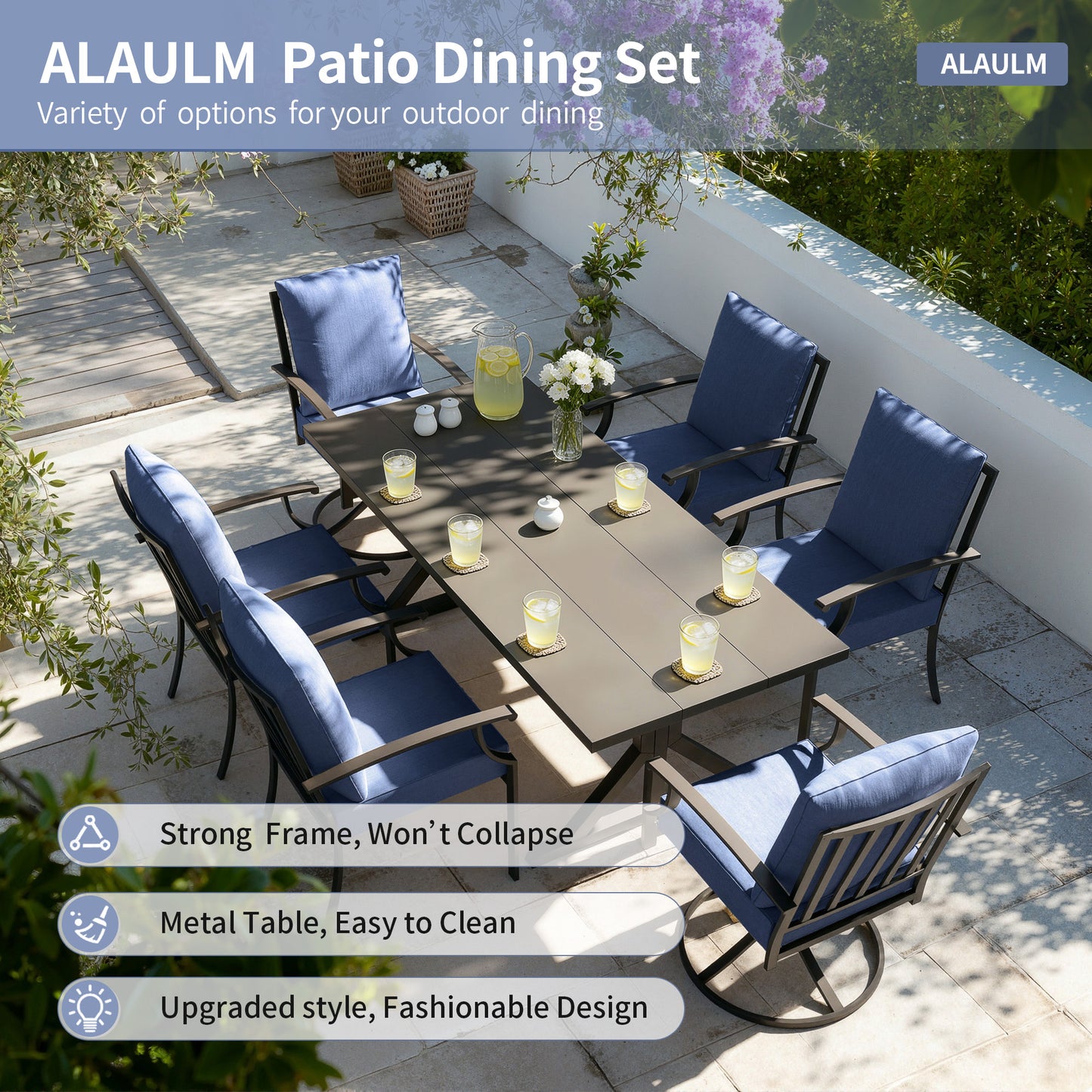 ALAULM 7 Pieces Patio Dining Set Outdoor Furniture with 2 Swivel Chairs and 4 Fixed Chairs, Large Table with Umbrella Cutout for Backyard