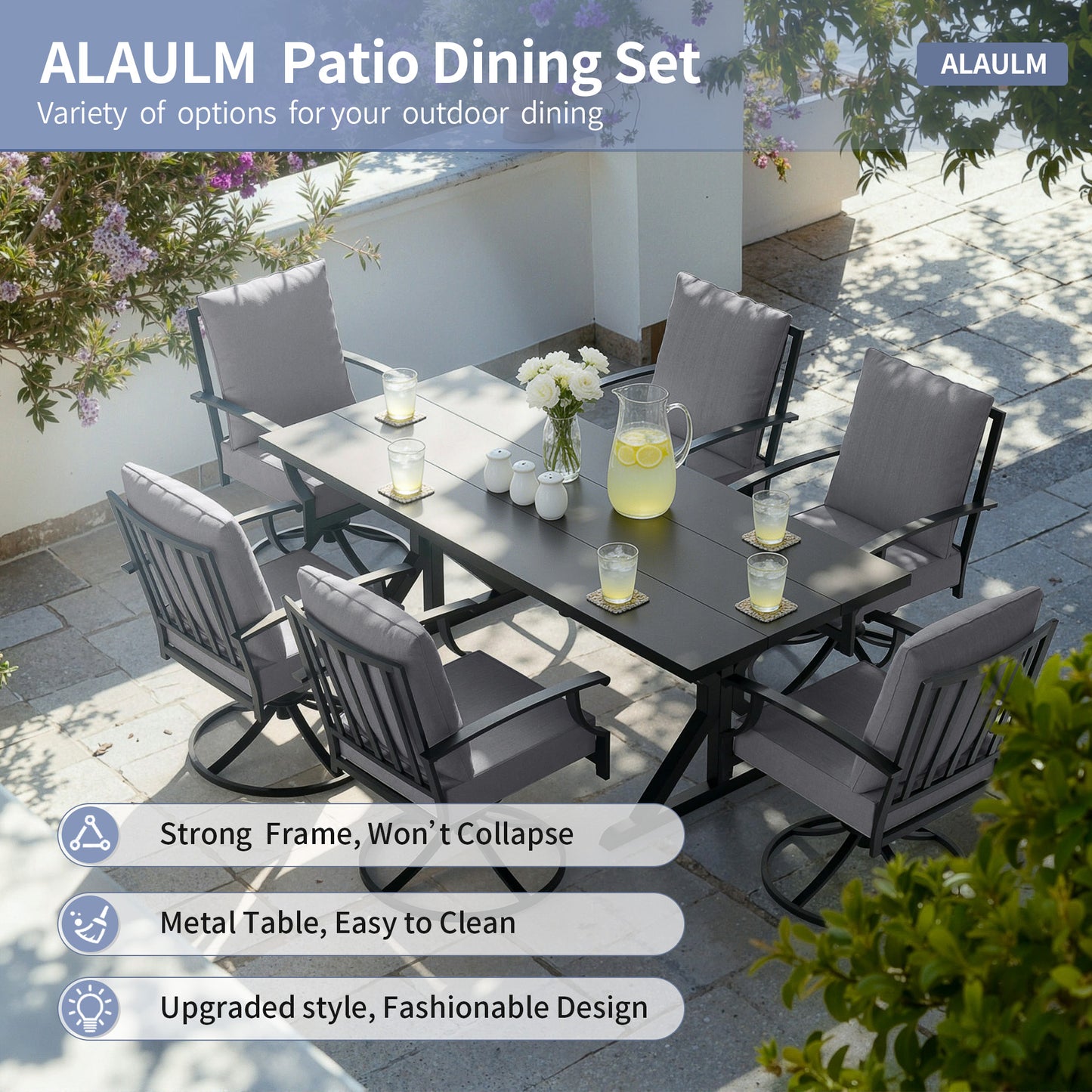 ALAULM 7PCS Patio Dining Set,Outdoor Metal Patio Furniture Set w/6 Swivel Rocking Chairs & Large Metal Table w/Umbrella Cutout for Garden,Backyard