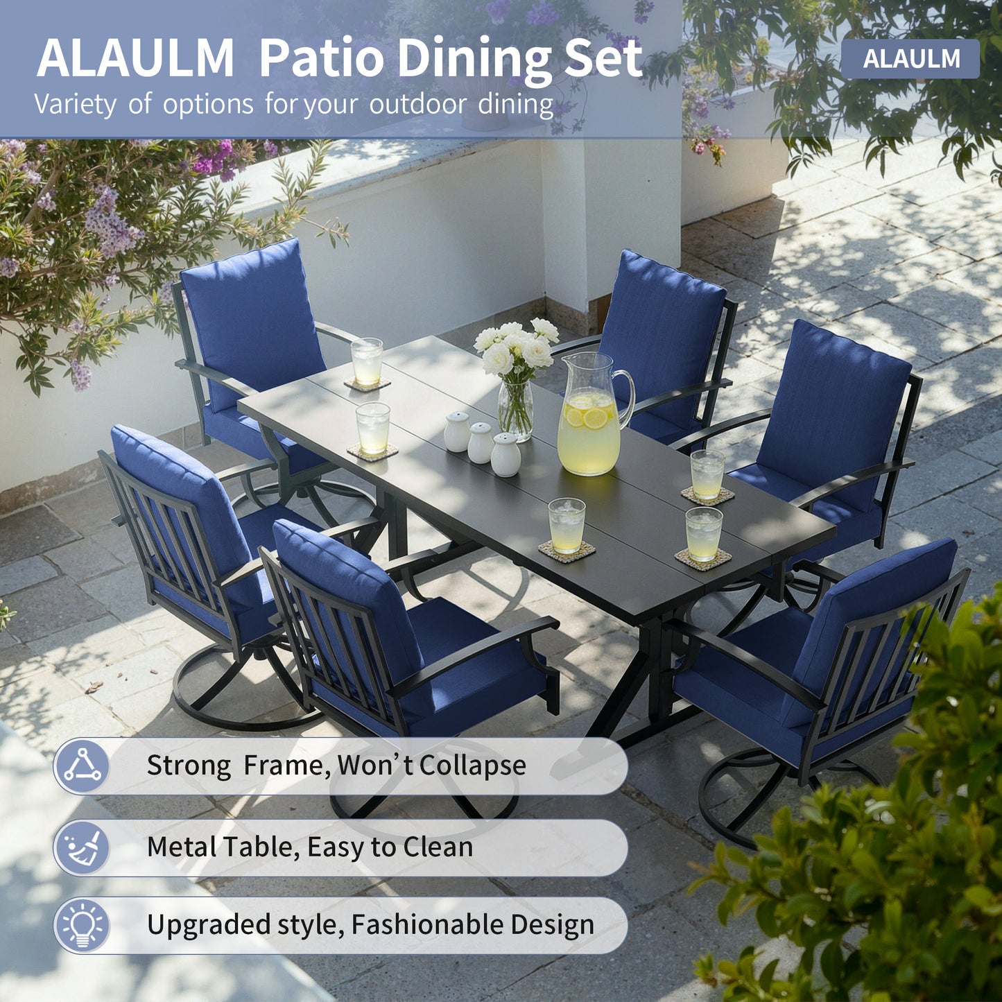 ALAULM 7PCS Patio Dining Set,Outdoor Metal Patio Furniture Set w/6 Swivel Rocking Chairs & Large Metal Table w/Umbrella Cutout for Garden,Backyard