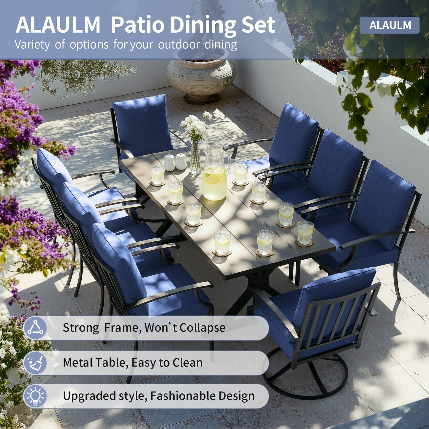 ALAULM 9 Pieces Patio Dining Set Outdoor Furniture with 2 Swivel Chairs and 6 Fixed Chairs, Large Table with Umbrella Cutout for Backyard