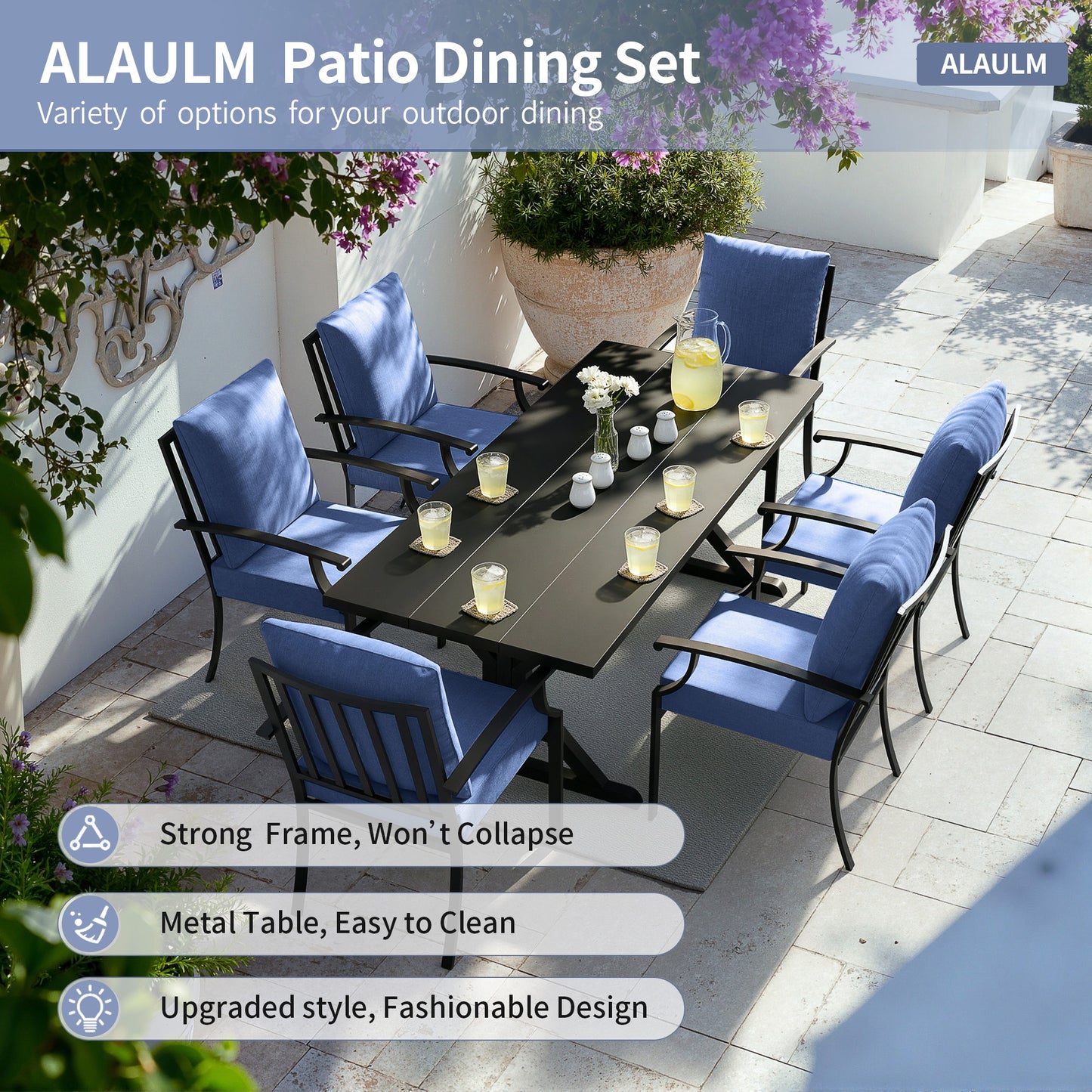 ALAULM 7PCS Patio Dining Set,Outdoor Metal Patio Furniture Set w/6 Fixed Chairs & Large Metal Table w/Umbrella Cutout for Garden,Backyard