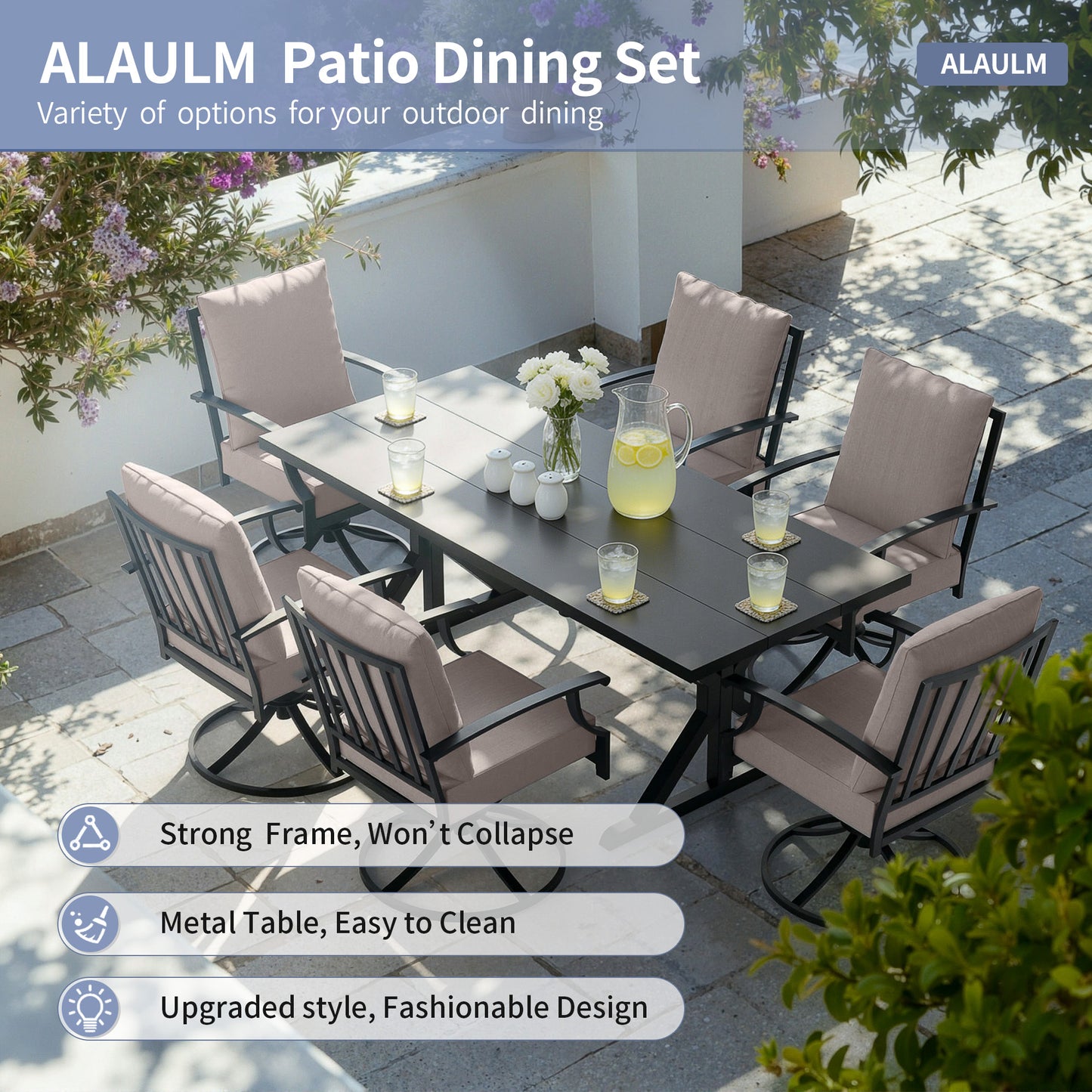 ALAULM 7PCS Patio Dining Set,Outdoor Metal Patio Furniture Set w/6 Swivel Rocking Chairs & Large Metal Table w/Umbrella Cutout for Garden,Backyard