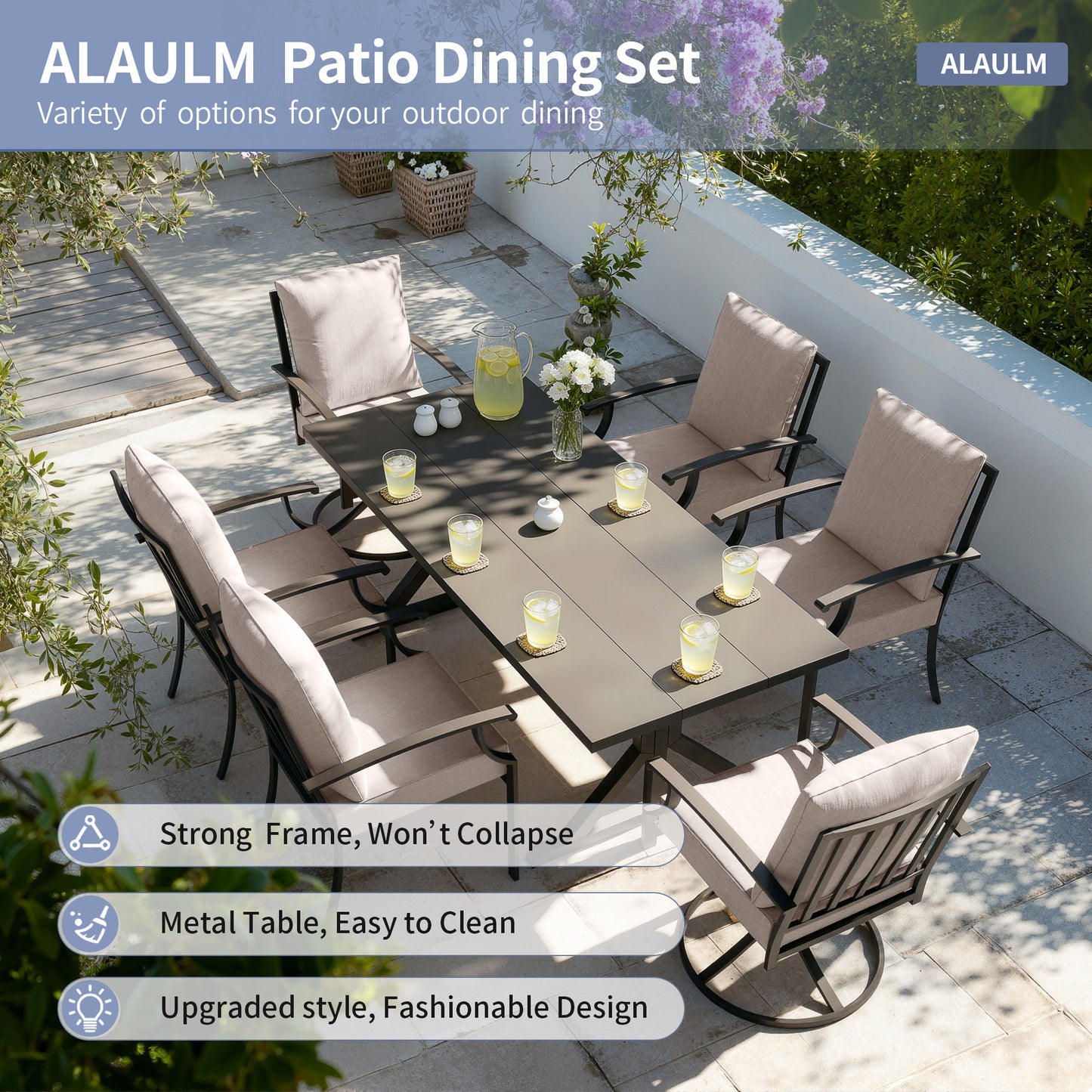 ALAULM 7 Pieces Patio Dining Set Outdoor Furniture with 2 Swivel Chairs and 4 Fixed Chairs, Large Table with Umbrella Cutout for Backyard