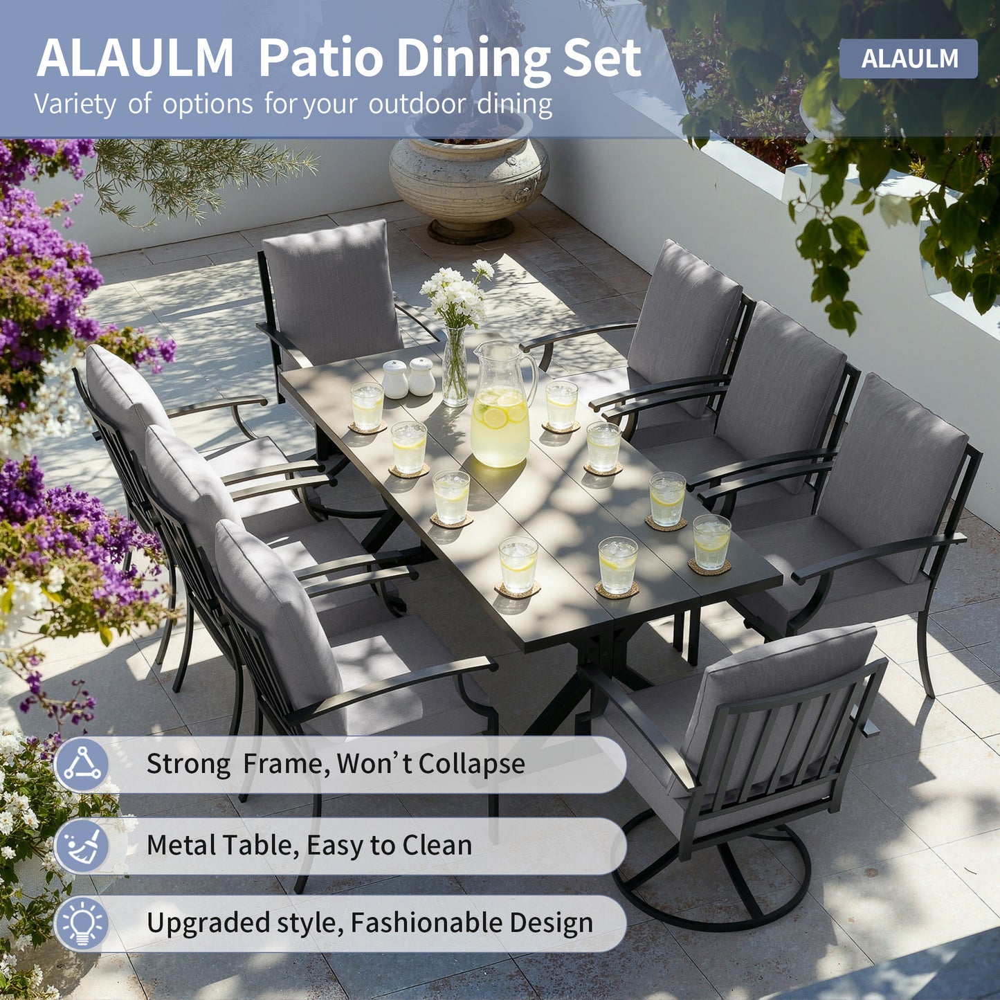 ALAULM 9 Pieces Patio Dining Set Outdoor Furniture with 2 Swivel Chairs and 6 Fixed Chairs, Large Table with Umbrella Cutout for Backyard