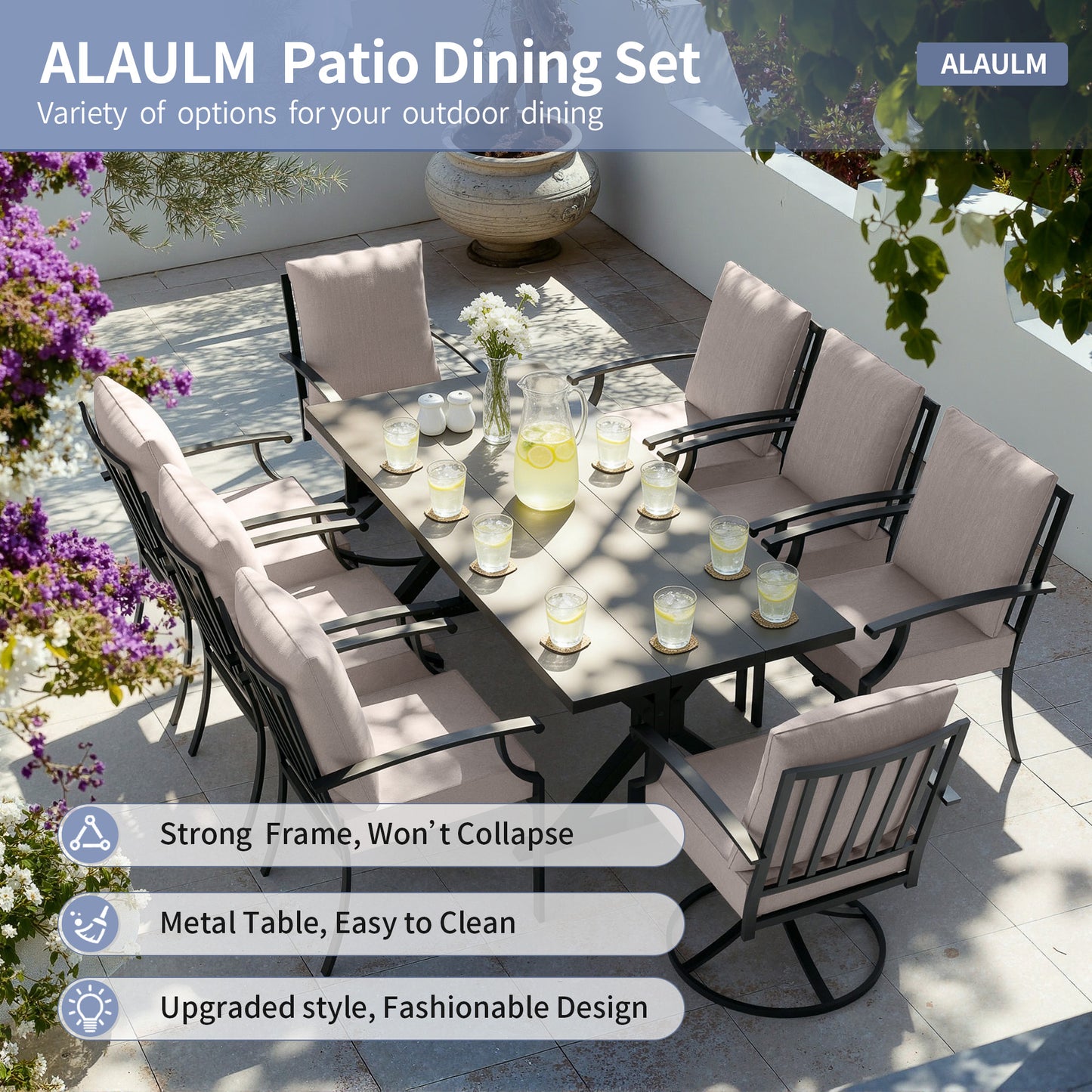 ALAULM 9 Pieces Patio Dining Set Outdoor Furniture with 2 Swivel Chairs and 6 Fixed Chairs, Large Table with Umbrella Cutout for Backyard