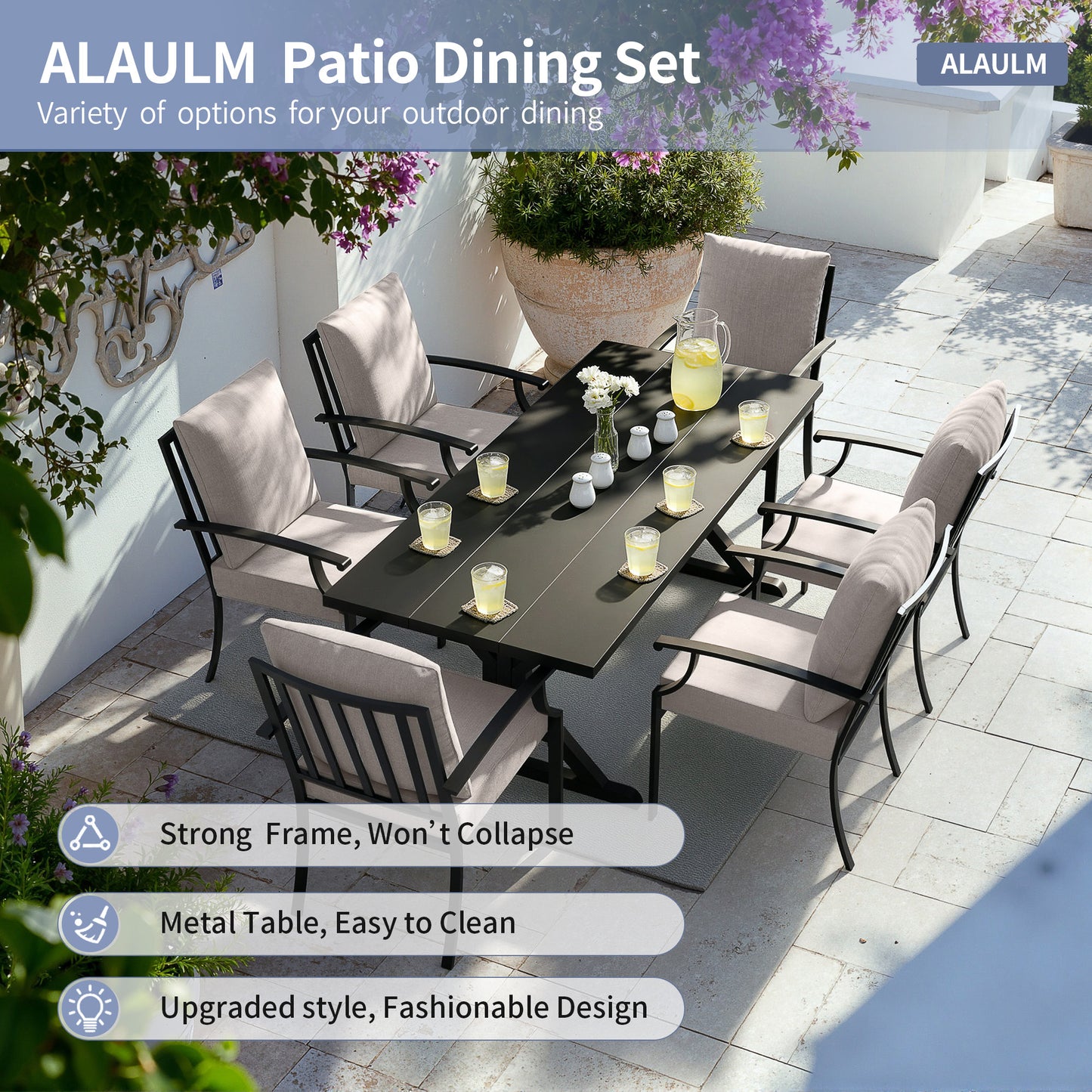 ALAULM 7PCS Patio Dining Set,Outdoor Metal Patio Furniture Set w/6 Fixed Chairs & Large Metal Table w/Umbrella Cutout for Garden,Backyard