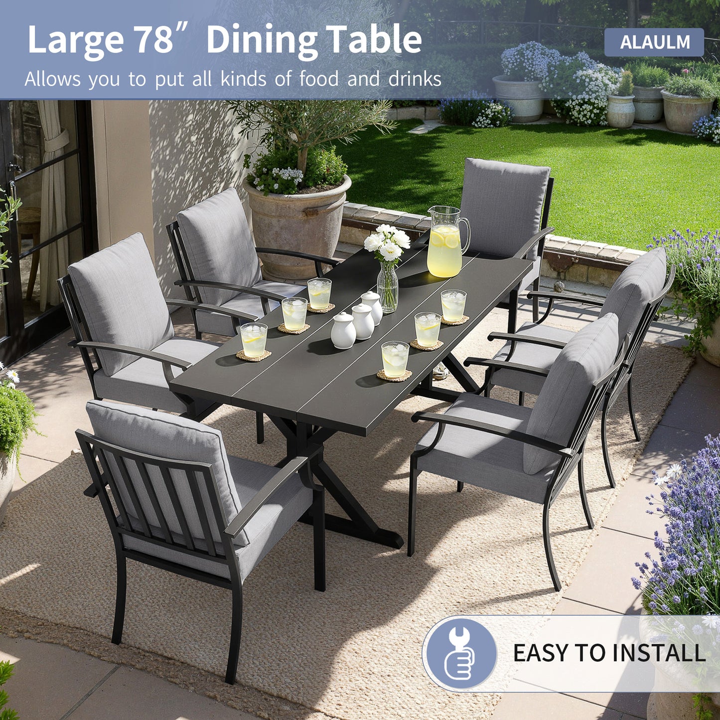 ALAULM 7PCS Patio Dining Set,Outdoor Metal Patio Furniture Set w/6 Fixed Chairs & Large Metal Table w/Umbrella Cutout for Garden,Backyard
