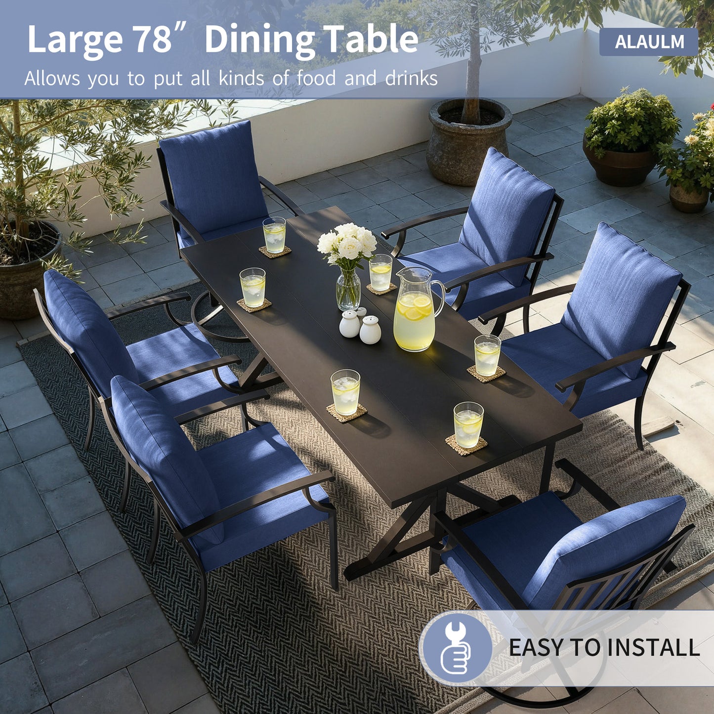 ALAULM 7 Pieces Patio Dining Set Outdoor Furniture with 2 Swivel Chairs and 4 Fixed Chairs, Large Table with Umbrella Cutout for Backyard