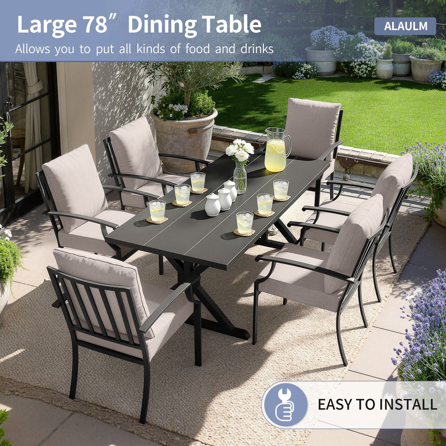 ALAULM 7PCS Patio Dining Set,Outdoor Metal Patio Furniture Set w/6 Fixed Chairs & Large Metal Table w/Umbrella Cutout for Garden,Backyard