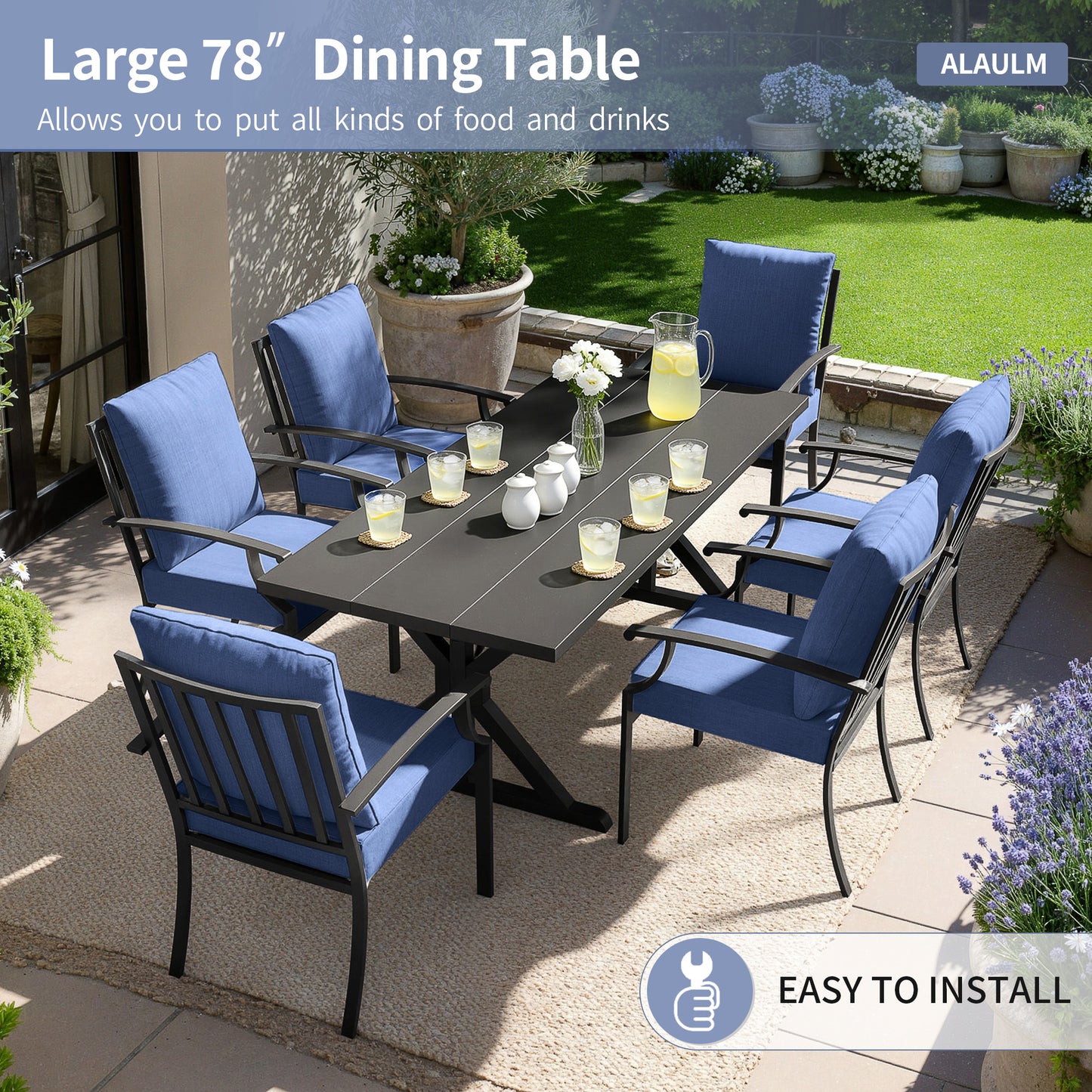 ALAULM 7PCS Patio Dining Set,Outdoor Metal Patio Furniture Set w/6 Fixed Chairs & Large Metal Table w/Umbrella Cutout for Garden,Backyard