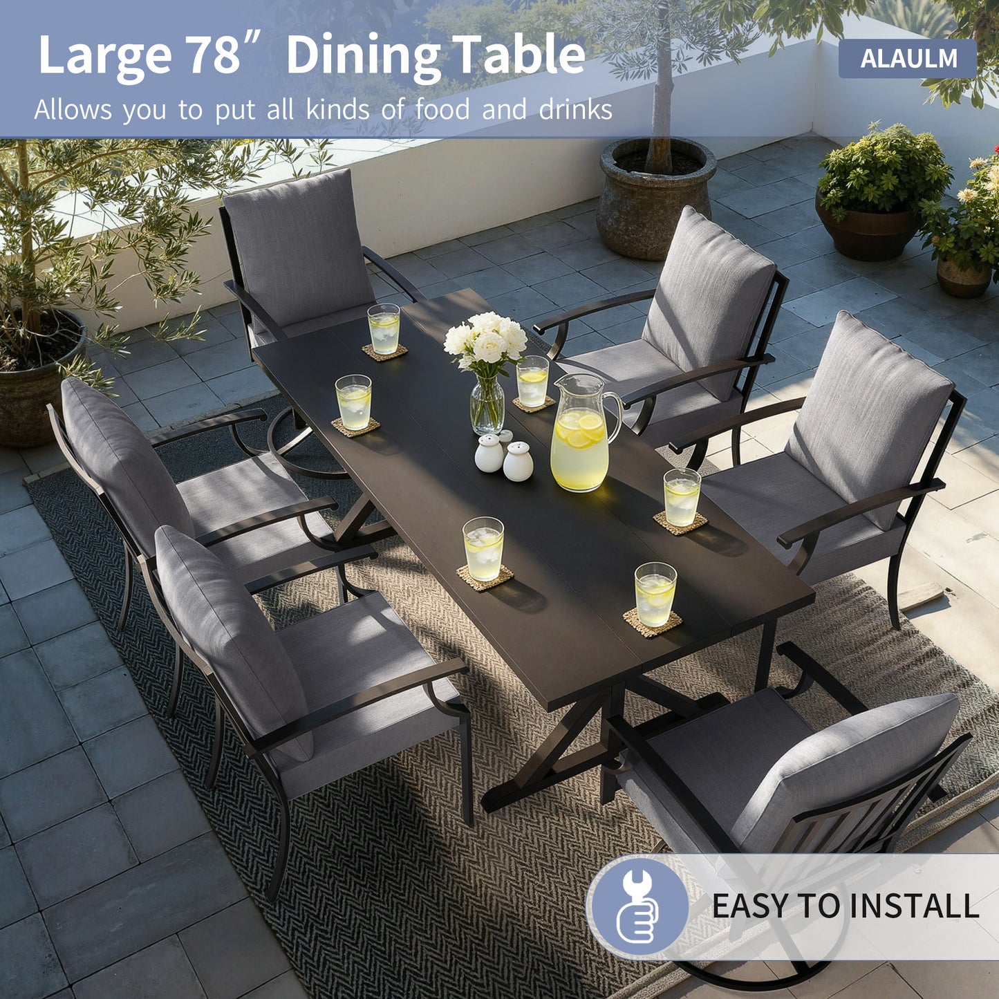 ALAULM 7 Pieces Patio Dining Set Outdoor Furniture with 2 Swivel Chairs and 4 Fixed Chairs, Large Table with Umbrella Cutout for Backyard