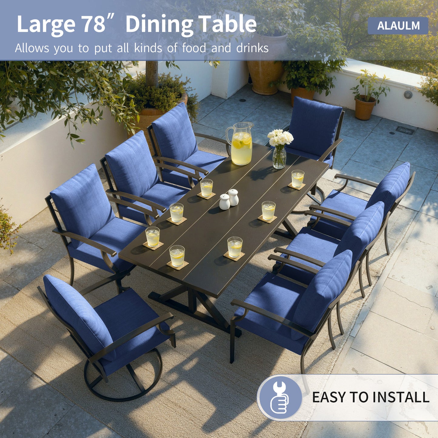 ALAULM 9 Pieces Patio Dining Set Outdoor Furniture with 2 Swivel Chairs and 6 Fixed Chairs, Large Table with Umbrella Cutout for Backyard