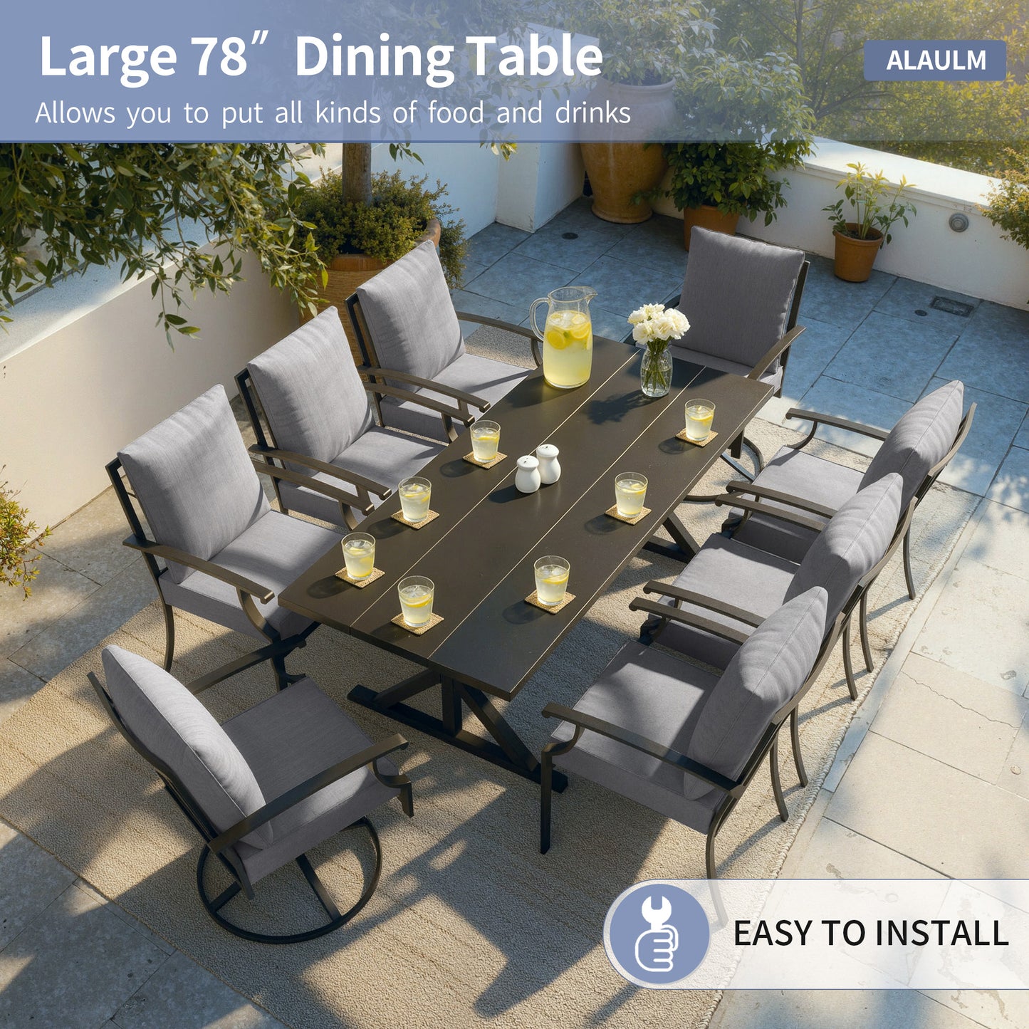 ALAULM 9 Pieces Patio Dining Set Outdoor Furniture with 2 Swivel Chairs and 6 Fixed Chairs, Large Table with Umbrella Cutout for Backyard