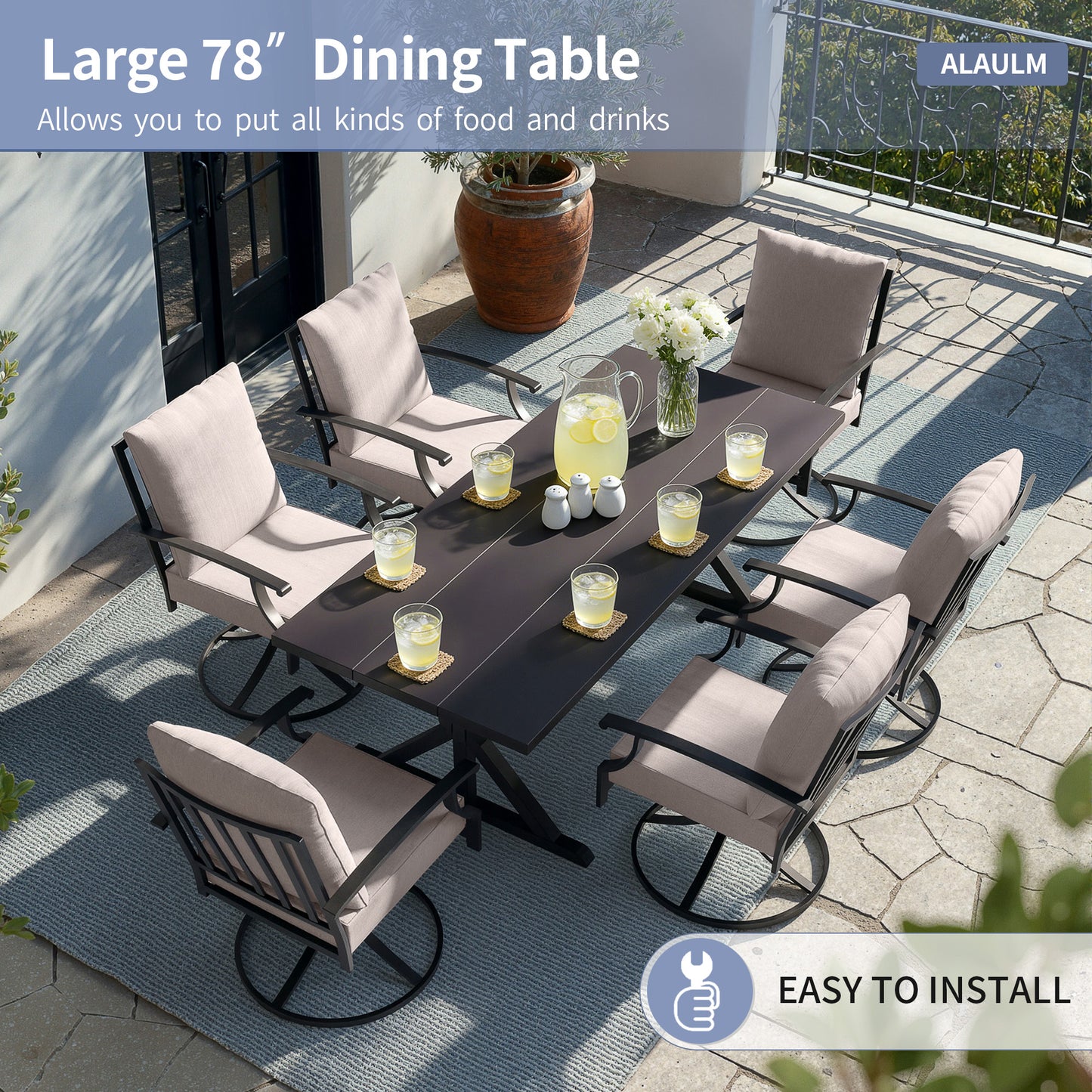 ALAULM 7PCS Patio Dining Set,Outdoor Metal Patio Furniture Set w/6 Swivel Rocking Chairs & Large Metal Table w/Umbrella Cutout for Garden,Backyard
