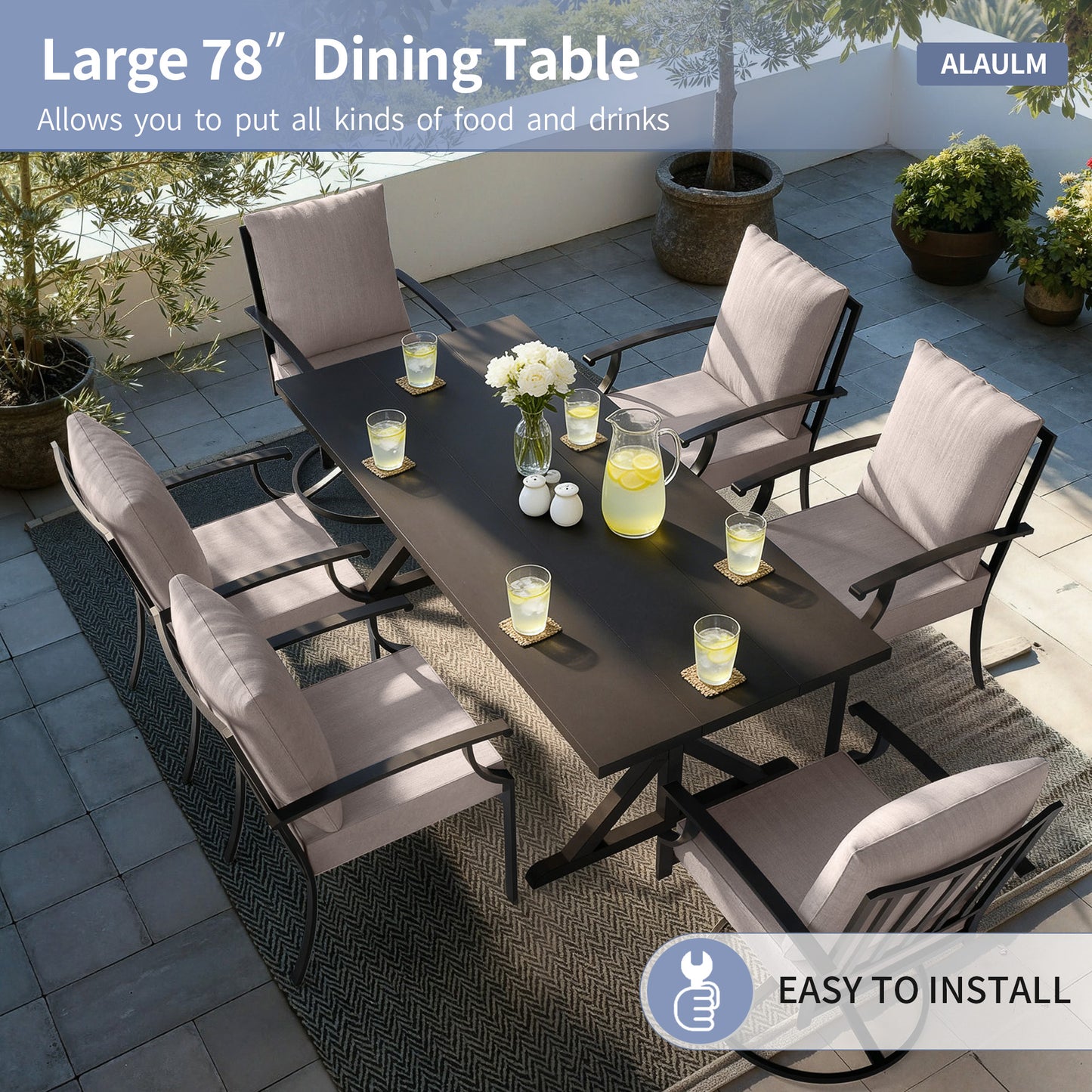 ALAULM 7 Pieces Patio Dining Set Outdoor Furniture with 2 Swivel Chairs and 4 Fixed Chairs, Large Table with Umbrella Cutout for Backyard