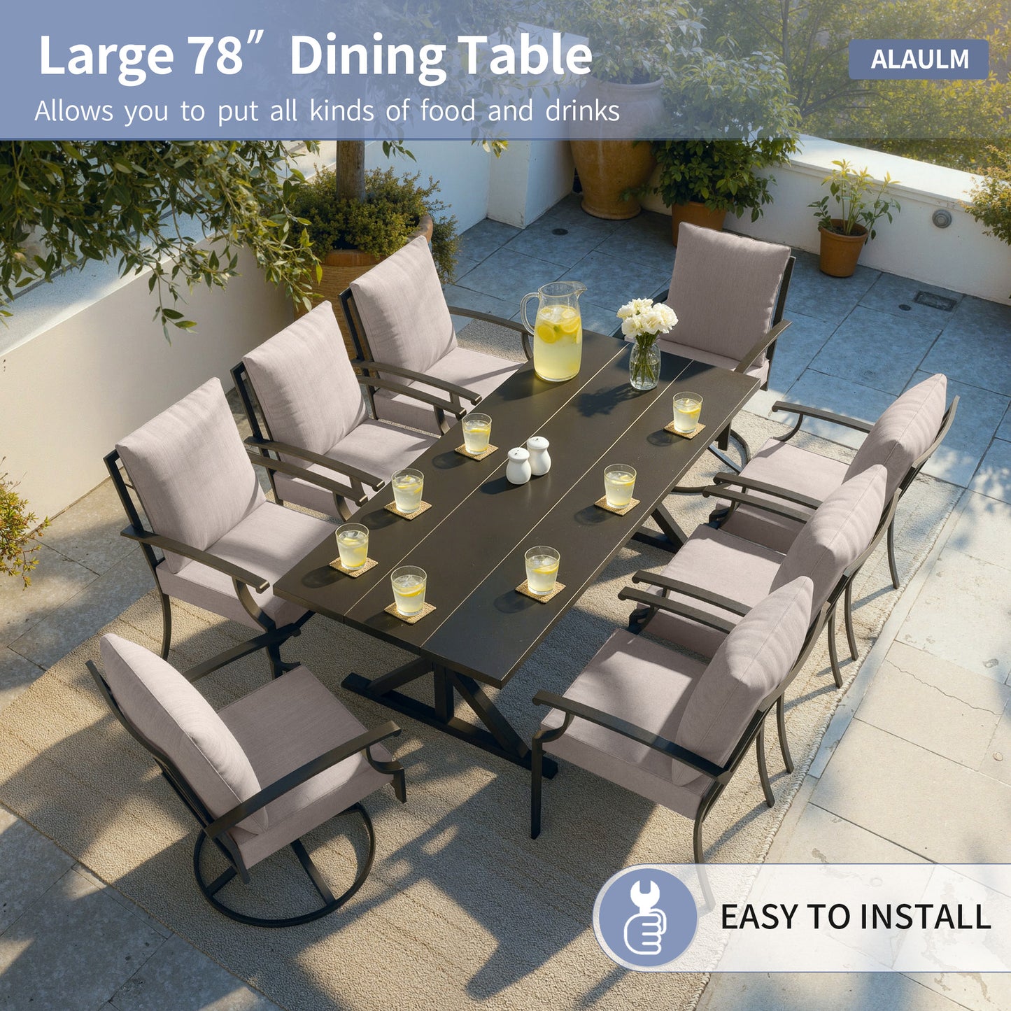 ALAULM 9 Pieces Patio Dining Set Outdoor Furniture with 2 Swivel Chairs and 6 Fixed Chairs, Large Table with Umbrella Cutout for Backyard