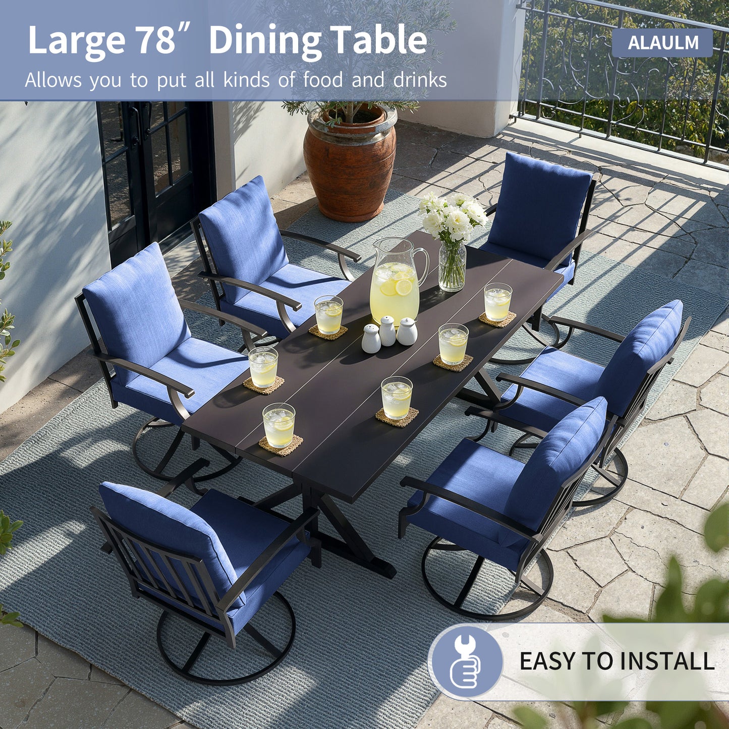 ALAULM 7PCS Patio Dining Set,Outdoor Metal Patio Furniture Set w/6 Swivel Rocking Chairs & Large Metal Table w/Umbrella Cutout for Garden,Backyard
